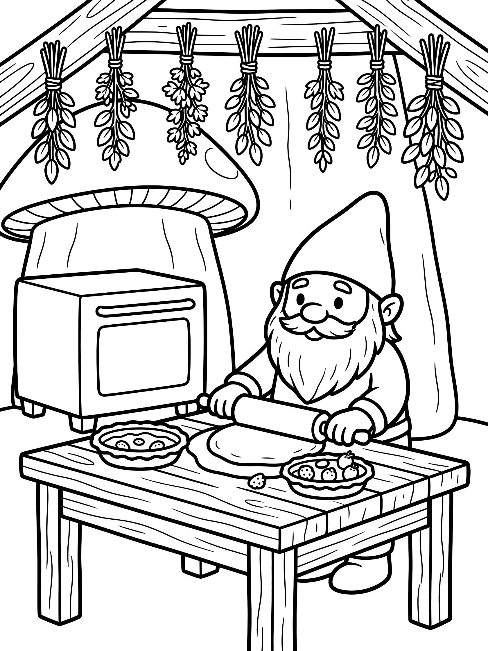 Black and white coloring page of a smiling gnome with beard and hat standing at a wooden table rolling dough with a rolling pin, placing fruit in pie tins, inside a mushroom house with hanging herbs from beams and an oven nearby. Gnomes themed black and white printable line art