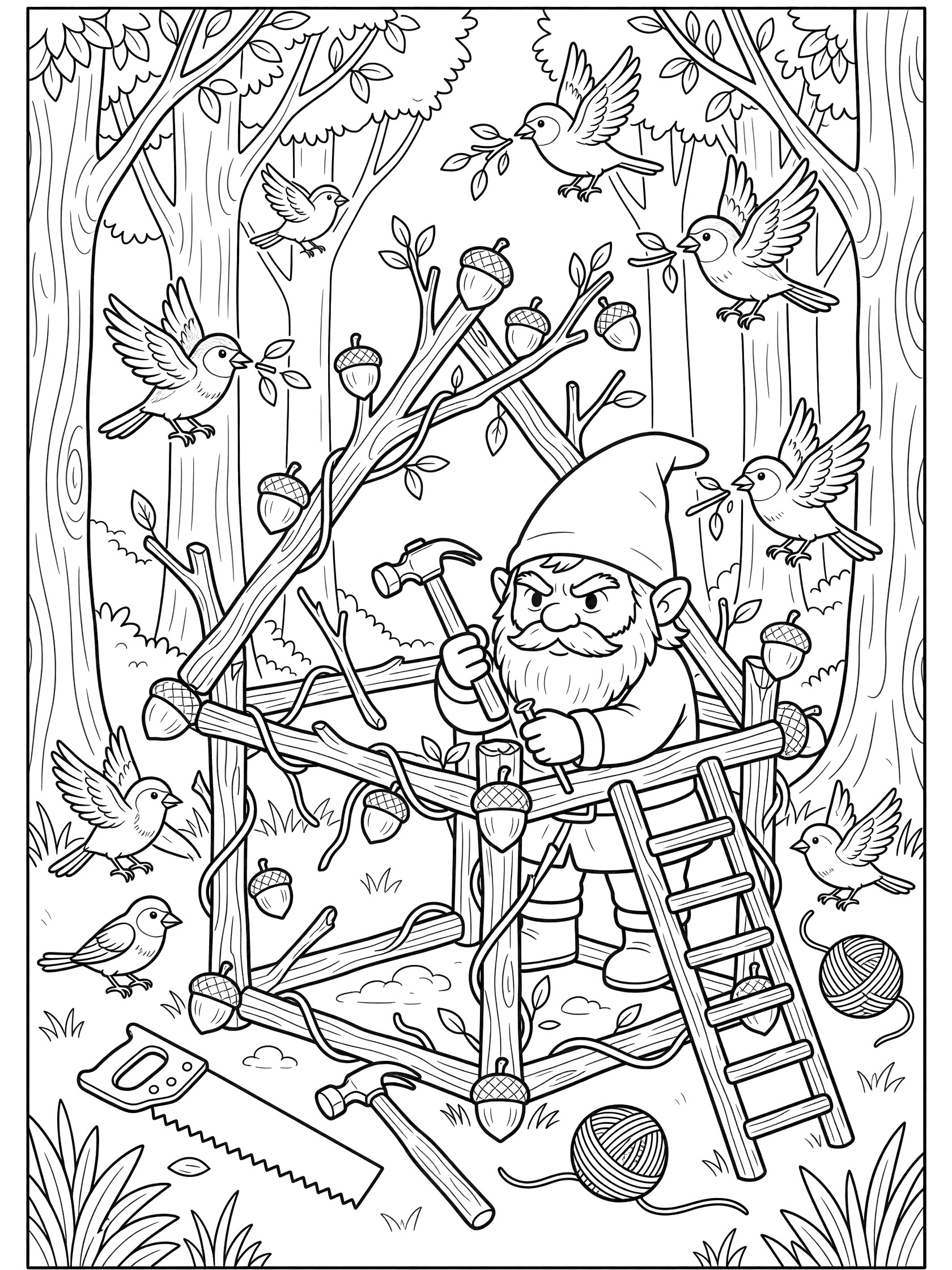 Black and white line art of a gnome with beard and hat building a birdhouse frame from sticks and acorns. He holds a hammer. Birds fly with twigs. Ladder, saw, and tools on ground in forest. Gnomes themed black and white printable line art