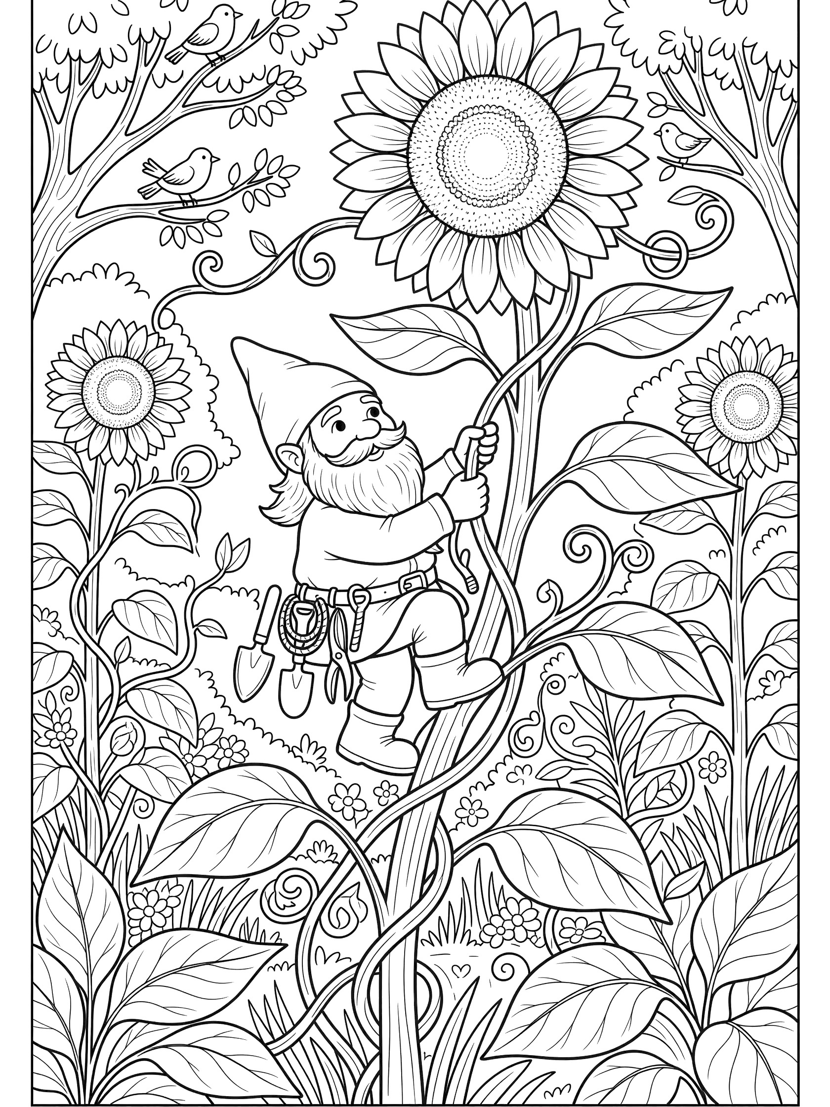 Black and white line art coloring page showing a bearded gnome with hat and tools climbing a giant sunflower stem, surrounded by garden leaves, vines, birds on branches, and more sunflowers. Garden Gnomes themed black and white printable line art