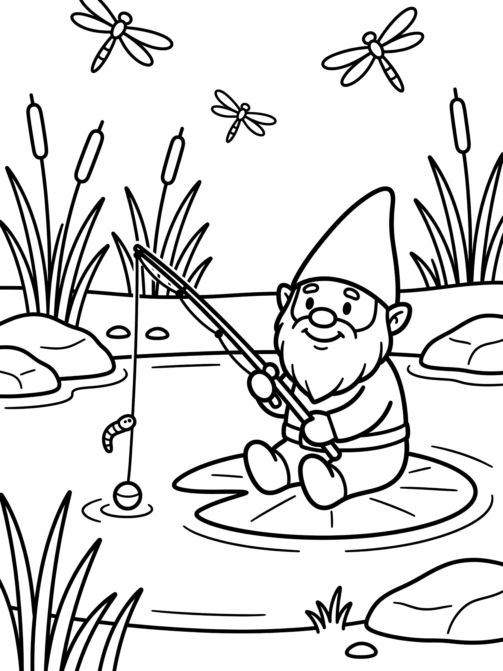 Black and white line art coloring page showing a happy gnome sitting on a lily pad holding a fishing rod with worm bait over a pond, dragonflies flying above reeds and rocks. Gnomes themed black and white printable line art