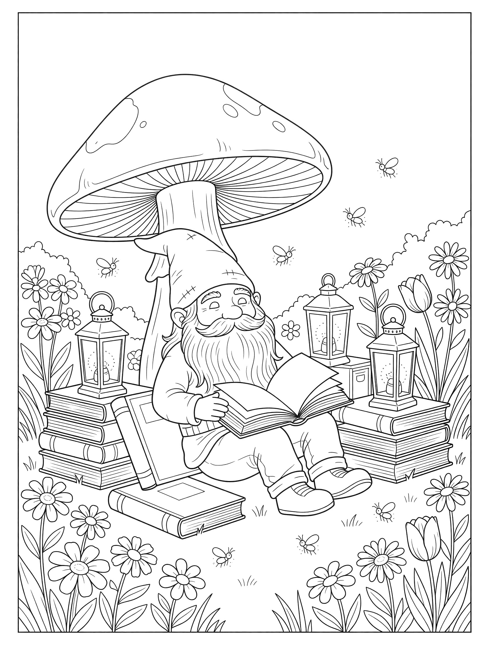 Black and white line art of a gnome sitting under a large mushroom cap, reading an open book, with stacked books, lanterns, fireflies, flowers, and tulips around him. Garden Gnomes themed black and white printable line art