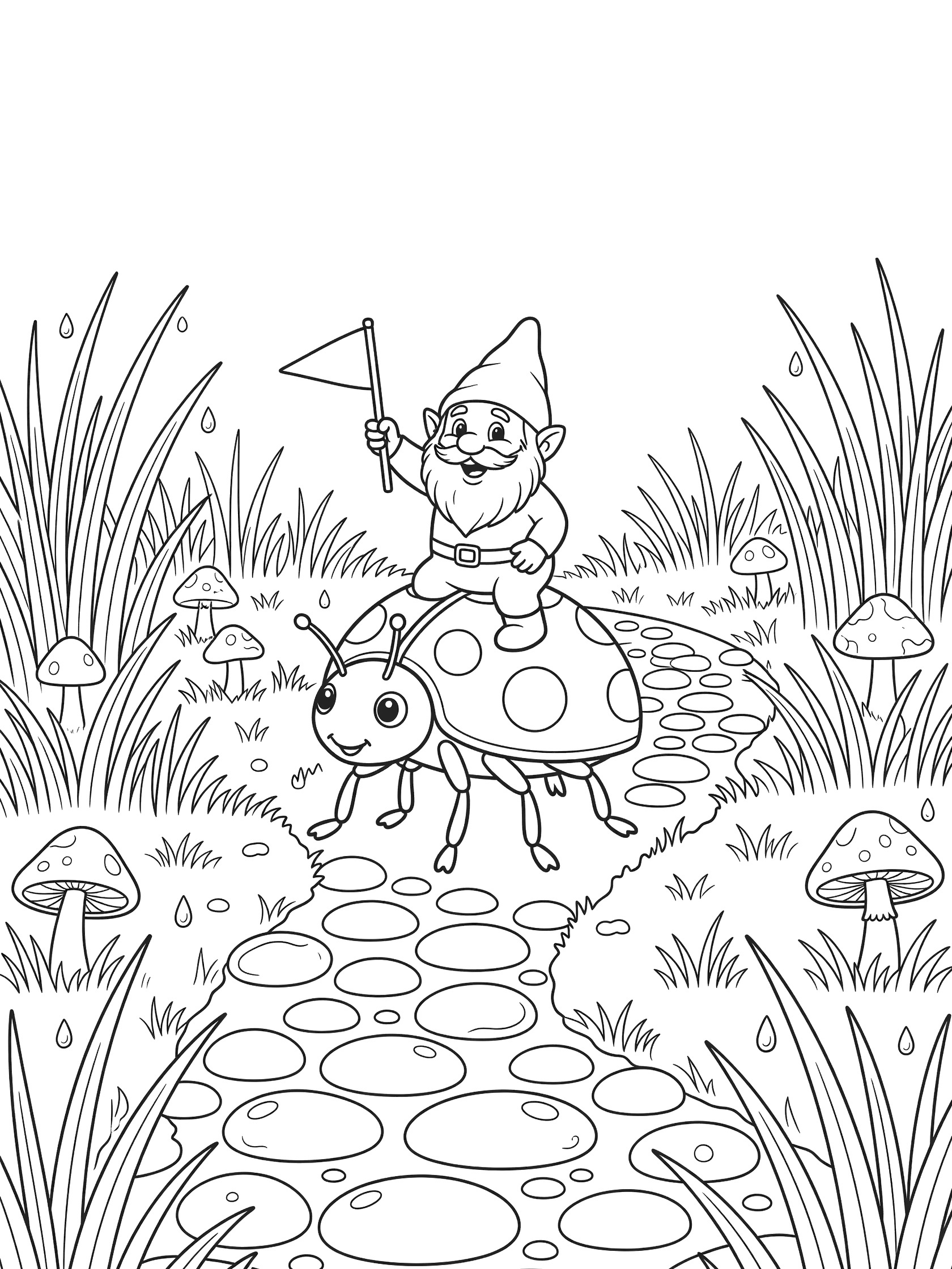 Black and white line art coloring page showing a gnome with hat and flag riding a spotted ladybug along a garden path lined with pebbles, tall grass, mushrooms, and dew drops. Garden Gnomes themed black and white printable line art