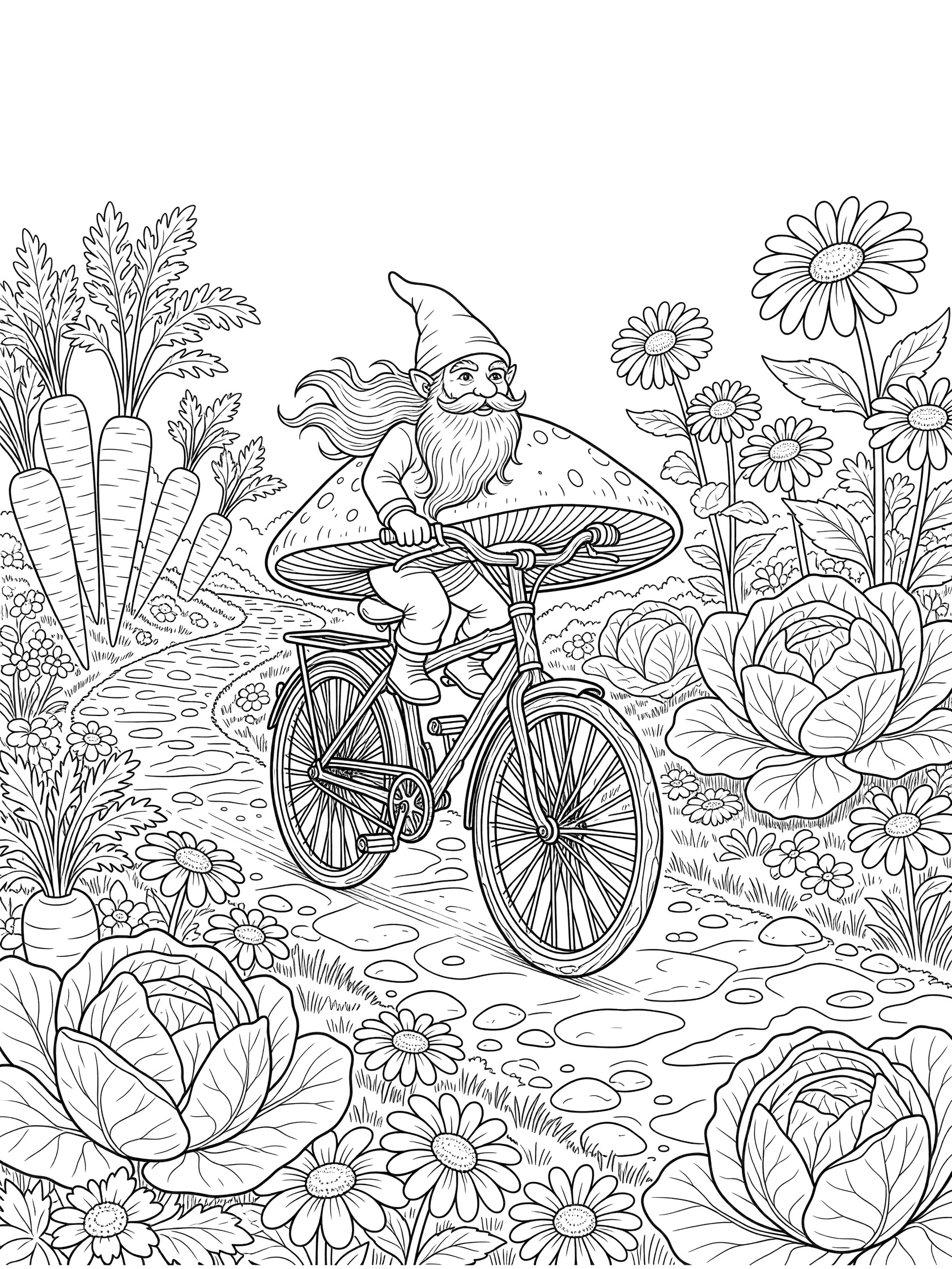 Black and white line art coloring page showing a bearded gnome with pointy hat riding a bicycle with mushroom cap seat and twig wheels on a bumpy path lined with oversized carrots, cabbage leaves and daisies. Gnomes themed black and white printable line art