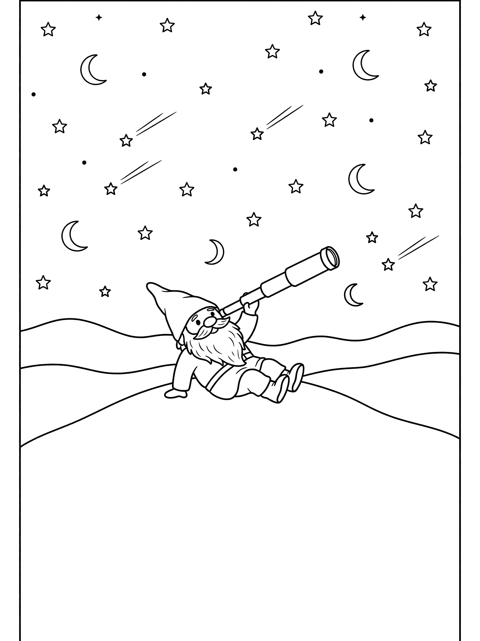 Black and white line art coloring page showing a gnome on his back on a hill, holding a telescope up at a starry sky with shooting stars and crescent moons.
