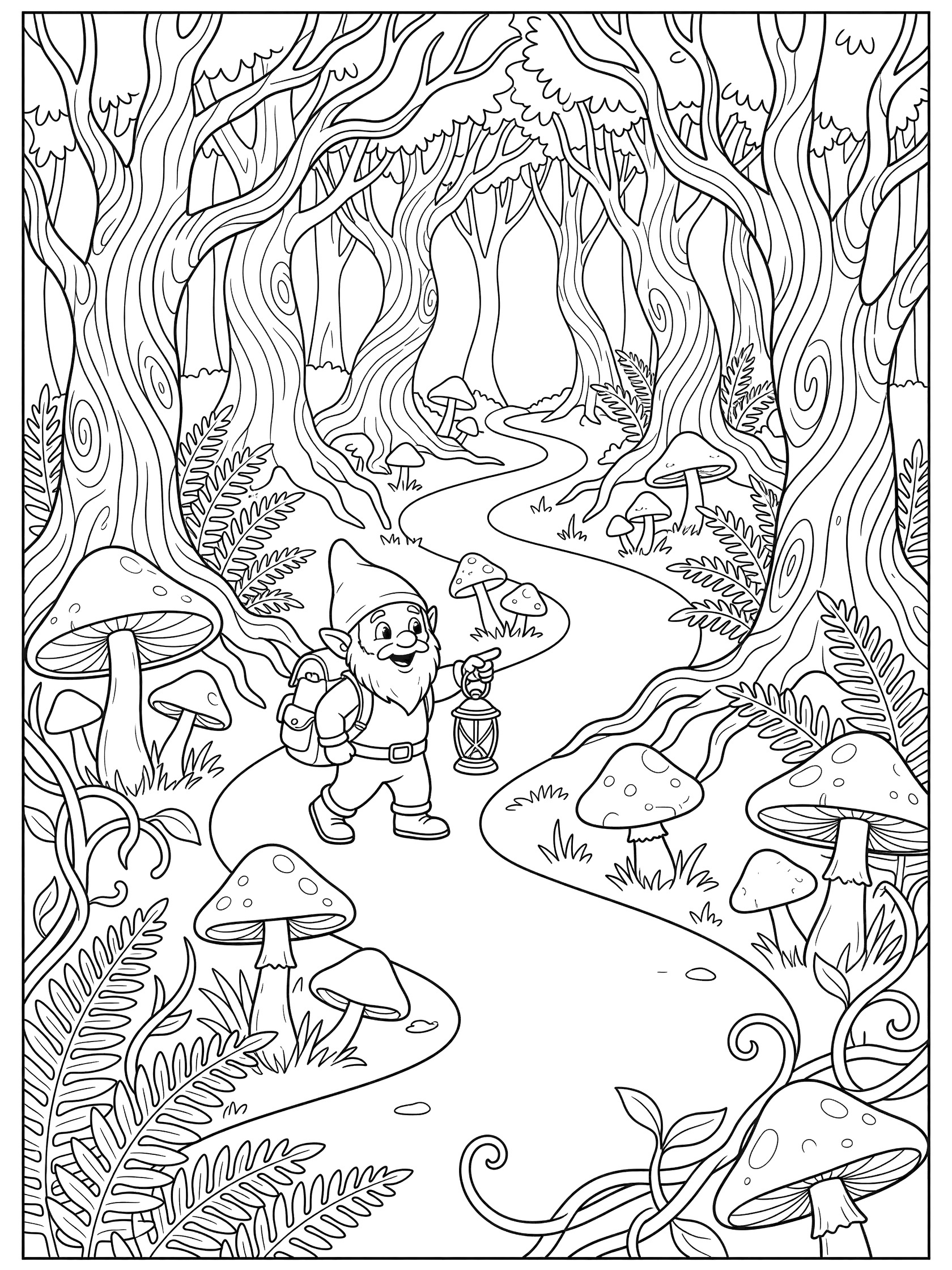 Black and white line art of a gnome with hat, backpack, and lantern walking excitedly on a winding forest path surrounded by mushrooms, trees, ferns, and vines. Gnomes themed black and white printable line art