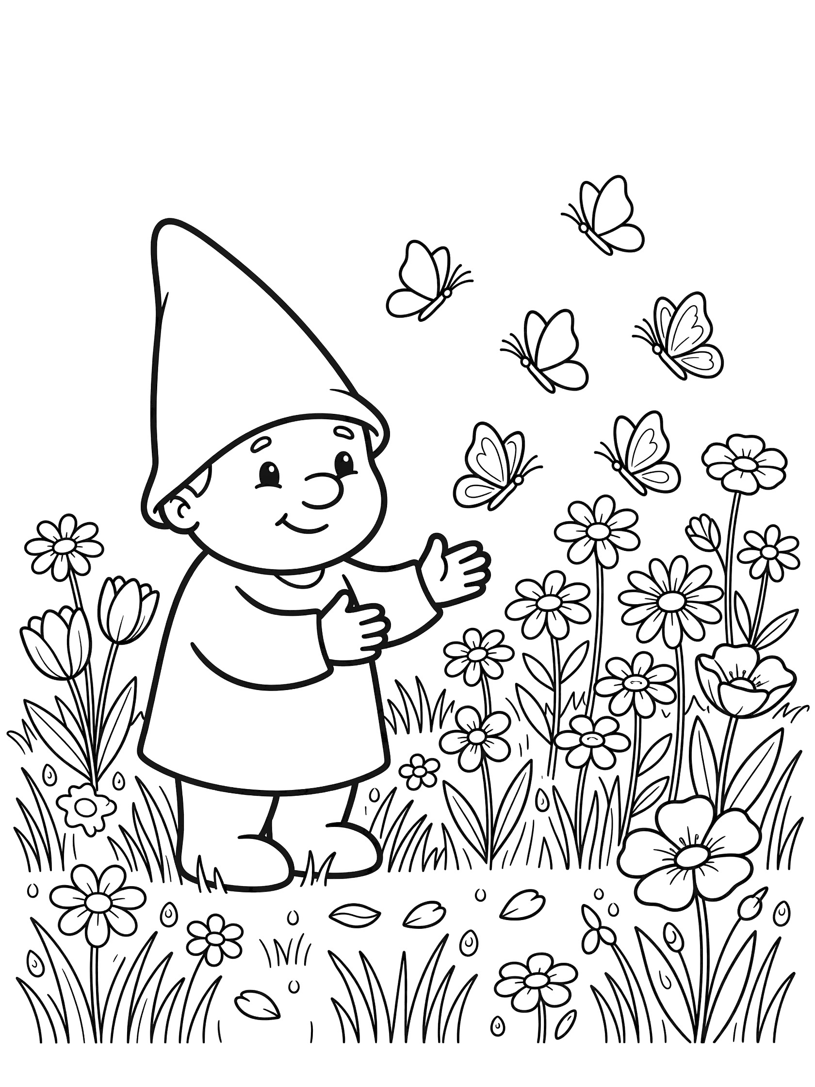Black and white line art coloring page showing a smiling gnome in a pointed hat reaching toward a group of butterflies near flowers and grass. Gnomes themed black and white printable line art
