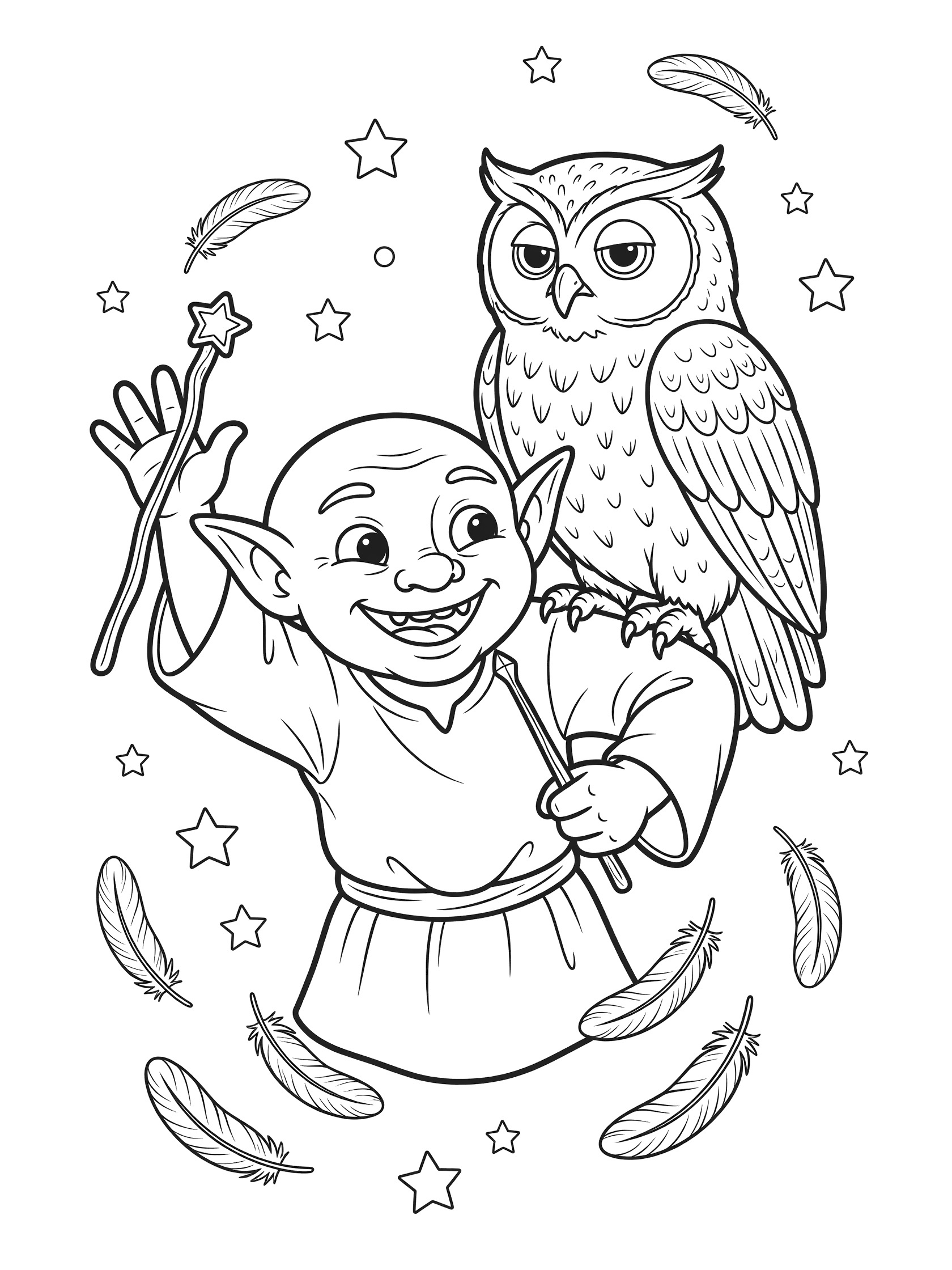 Black and white line art coloring page showing a smiling gnome wizard in a robe high-fiving an owl perched on his shoulder while holding a small wand, surrounded by floating feathers and stars. Goblin themed black and white printable line art
