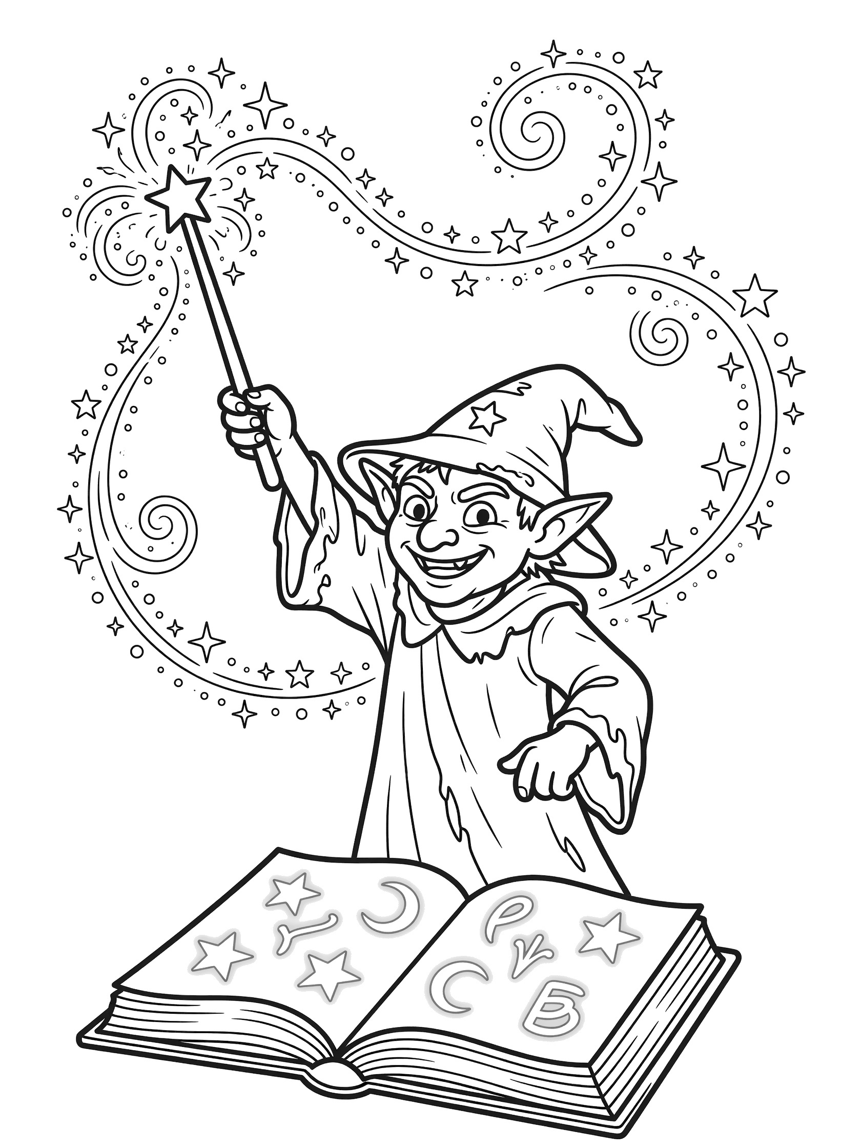 Black and white line art coloring page showing a smiling gnome wizard in a pointed hat and robe, holding a wand with swirling magic sparkles, standing over an open spellbook with stars and runes. Goblin themed black and white printable line art