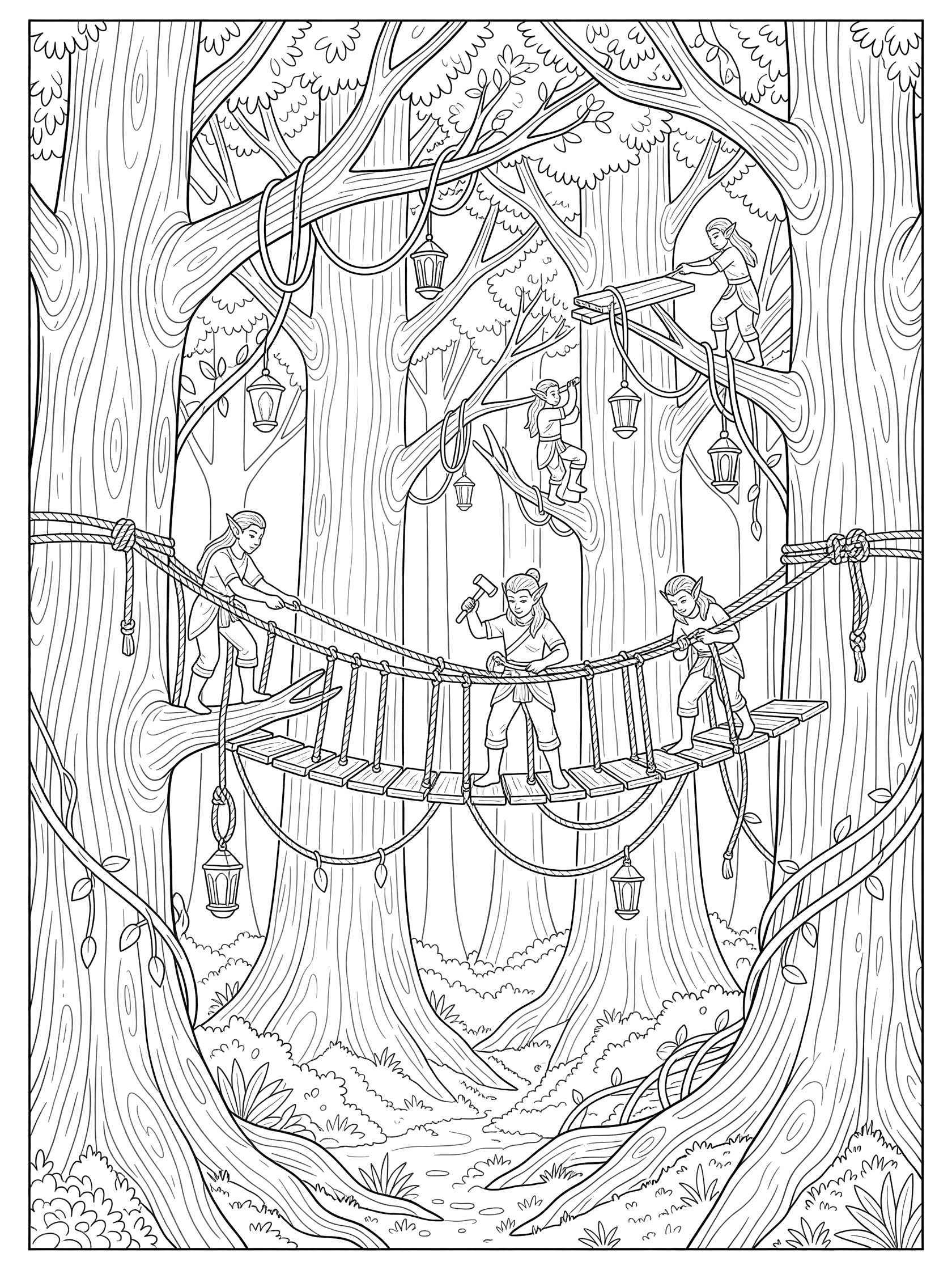 Printable coloring page showing short gnomes with beards and hats working on a rope and plank bridge high in tall trees. Monkeys hang from vines and ropes holding lanterns amid leaves. Wood Elves themed black and white printable line art