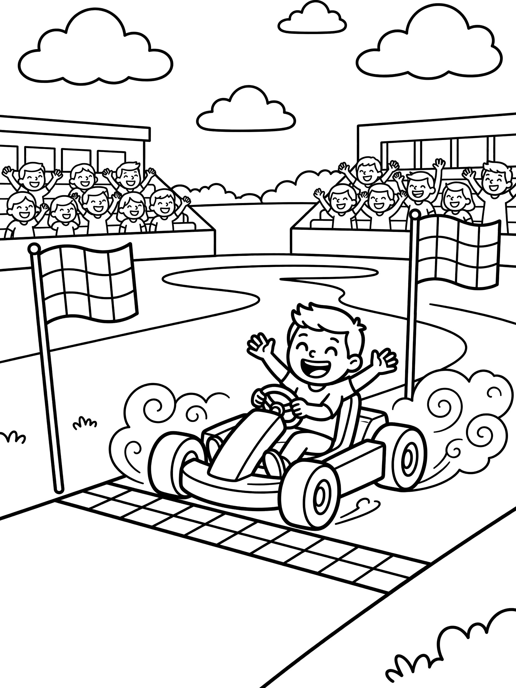 Black and white line art of a go-kart crossing the checkered finish line with a happy driver waving, dust swirls, waving flags, and cartoon spectators in grandstands.