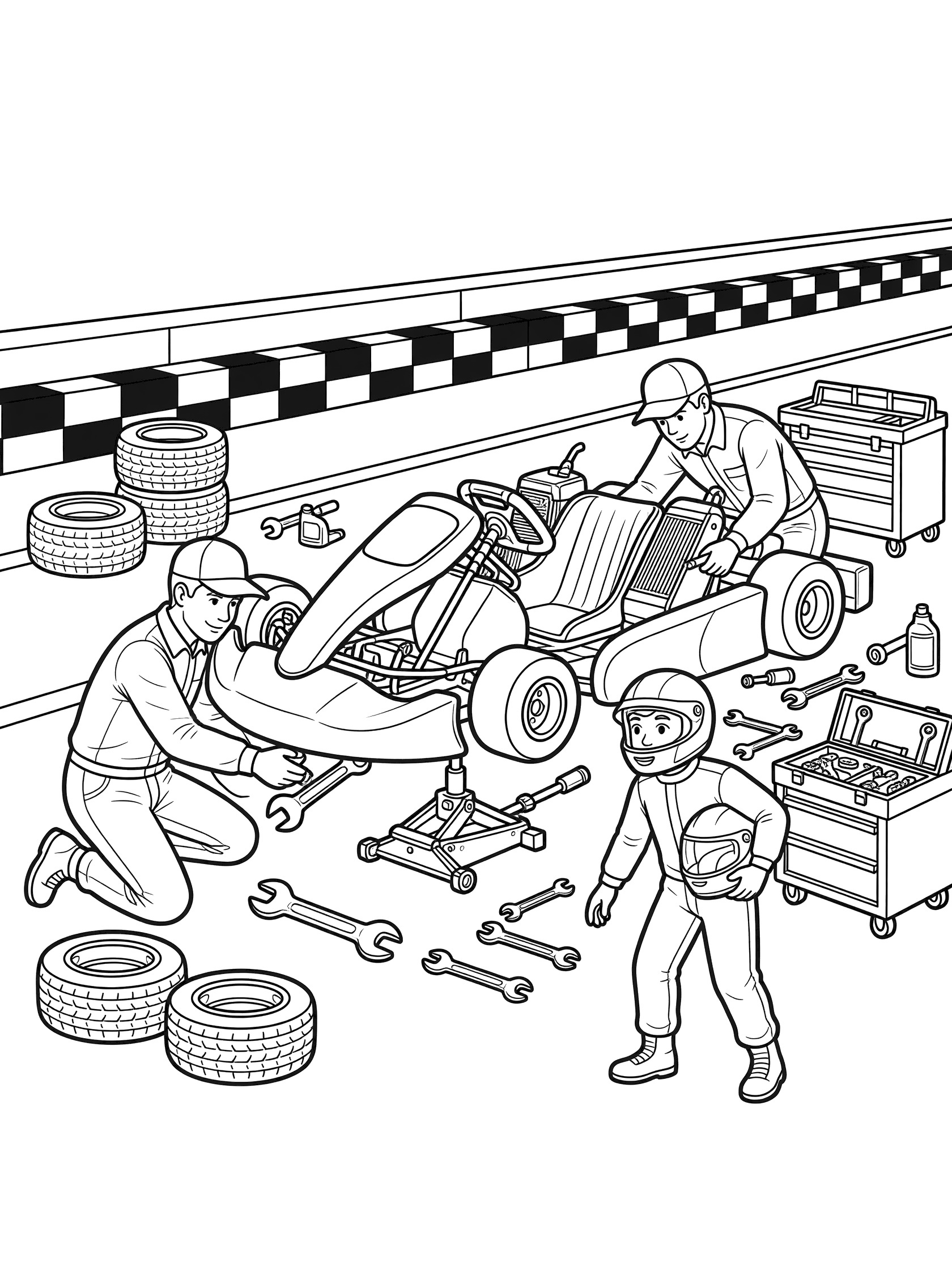 Black and white coloring page of a go-kart on a jack in the pit lane with two mechanics using wrench and tools, young driver holding helmet, surrounded by tires and checkered barriers.