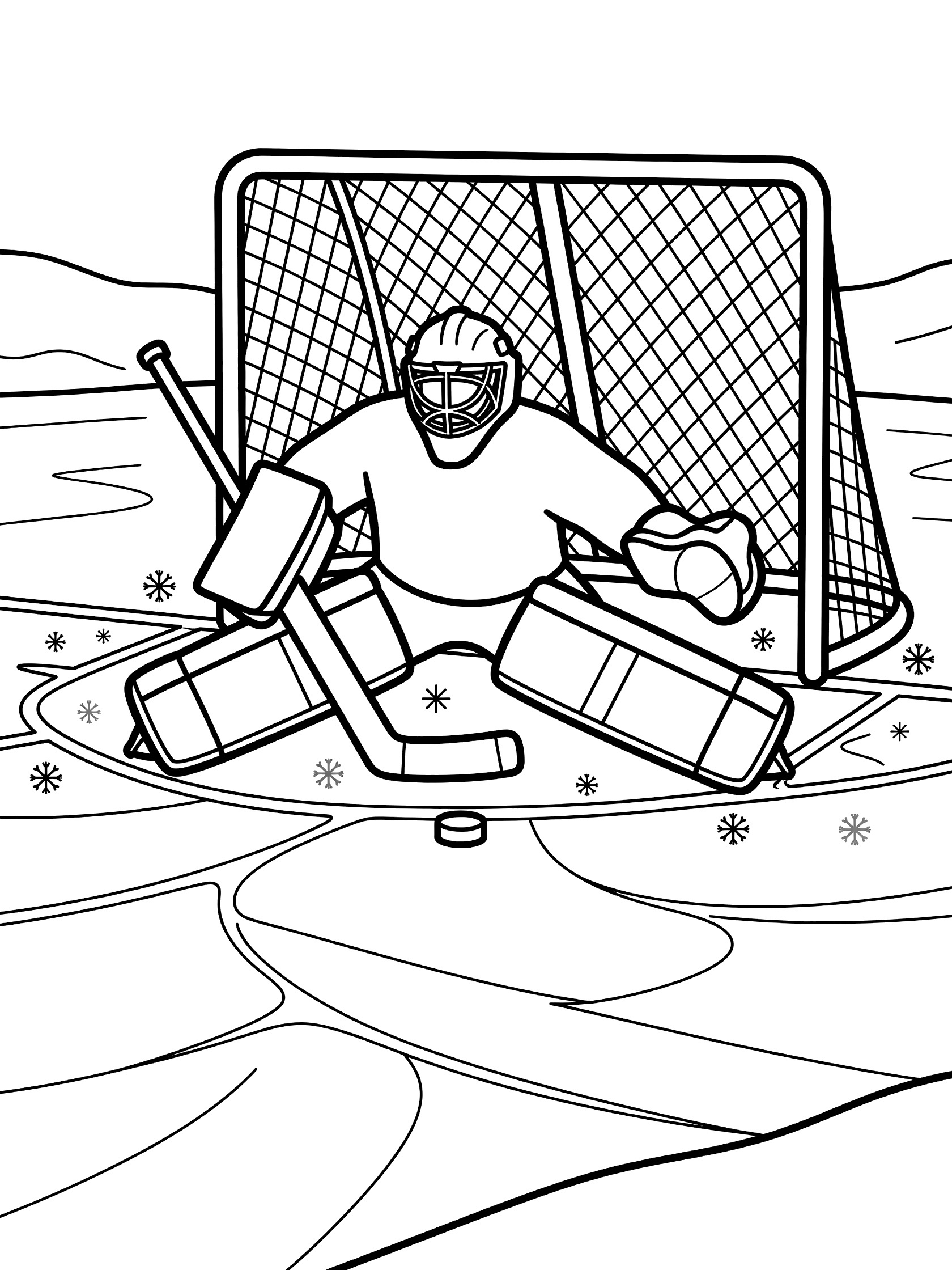 Black and white coloring page showing a goalie in pads and mask diving low with stick to block puck near hockey net on outdoor ice rink with snowflakes