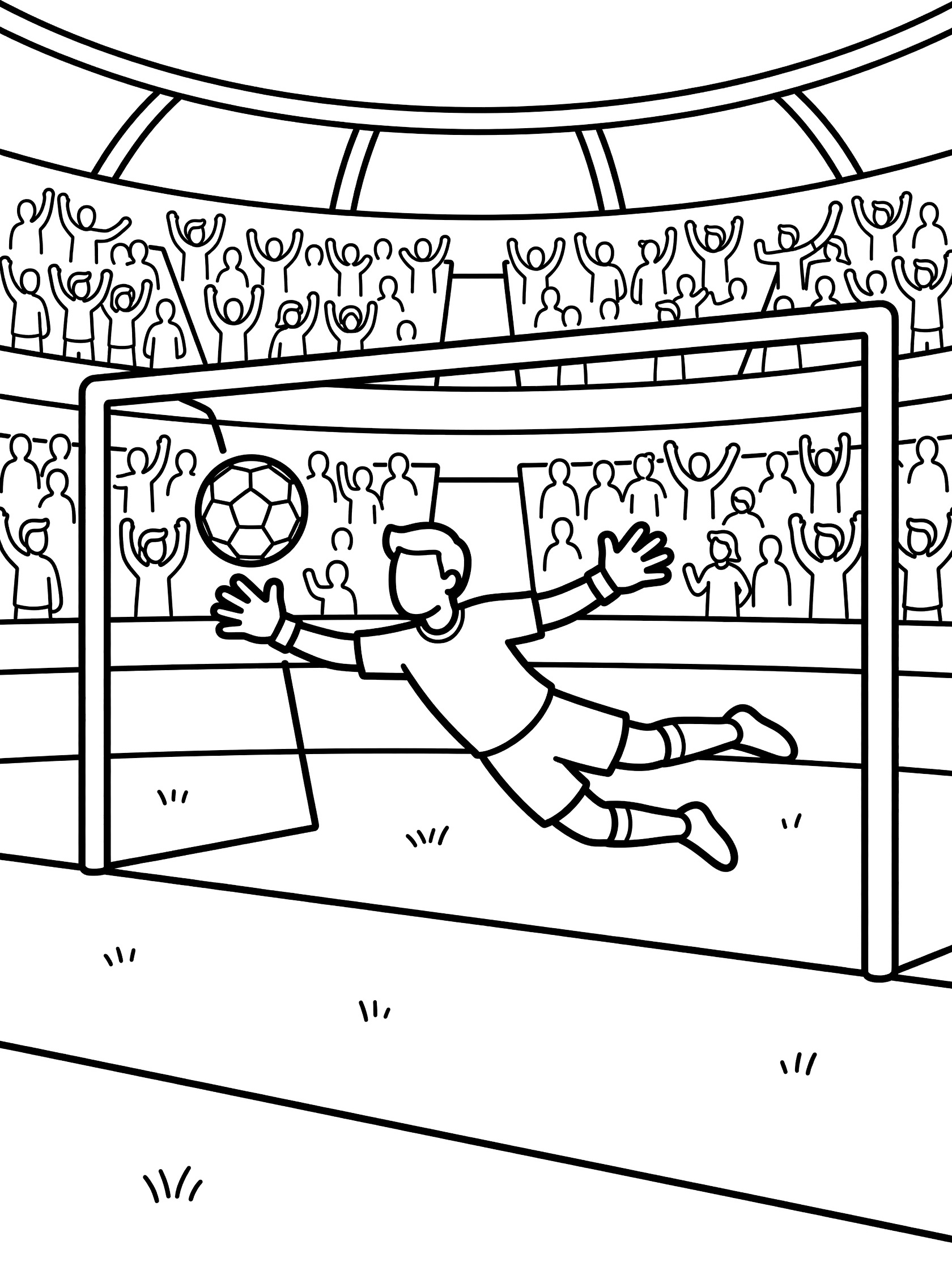 Black and white line art of a soccer goalkeeper diving across the goalmouth to catch a flying soccer ball in a packed soccer stadium with cheering fans.