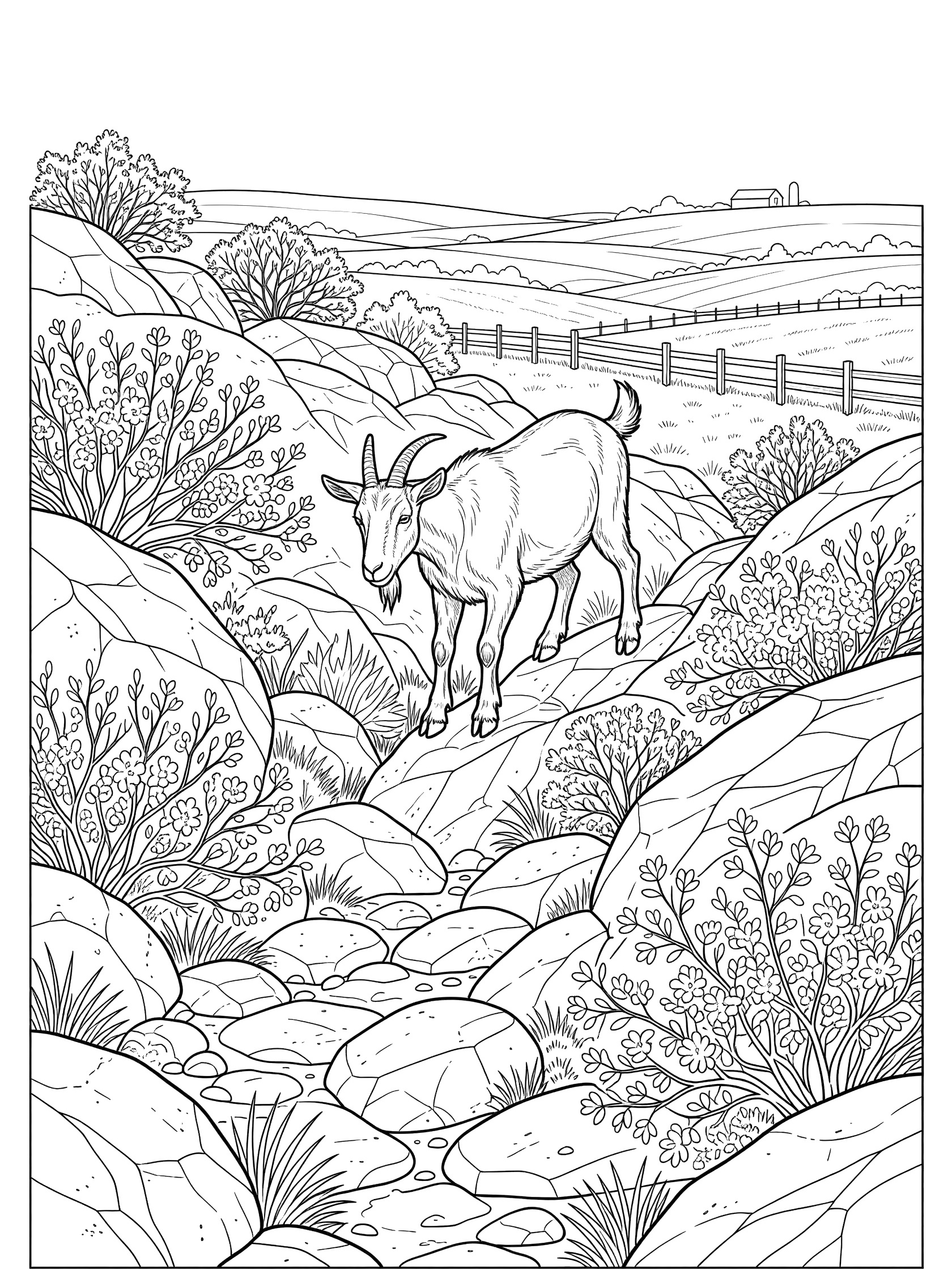 Black and white coloring page of a goat walking up a rocky path surrounded by bushes and stones, with a farm fence and fields in the distance.