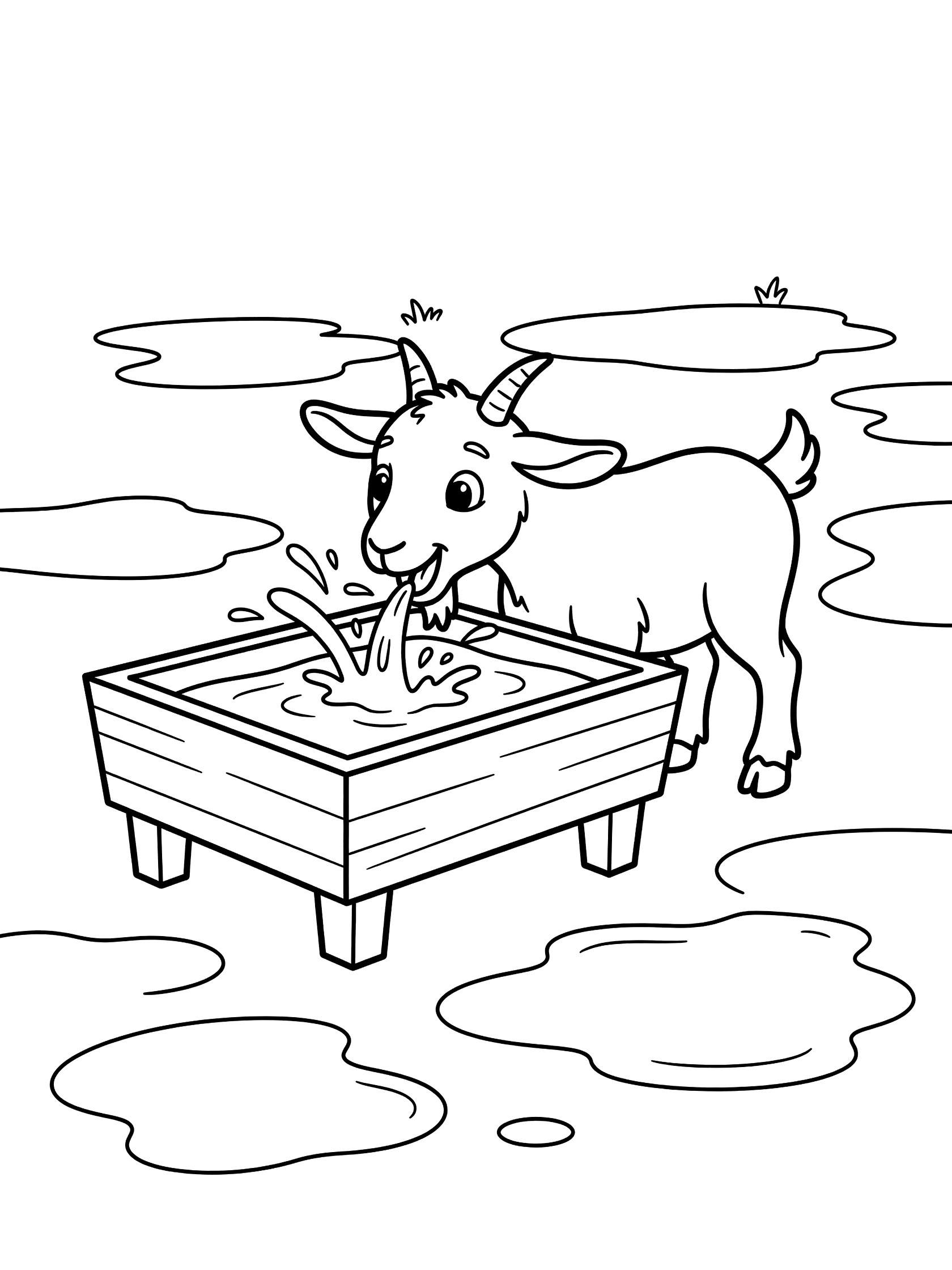 Cute cartoon goat drinking water from wooden trough with splashes and farm puddles, black line art coloring page. Goats themed black and white printable line art