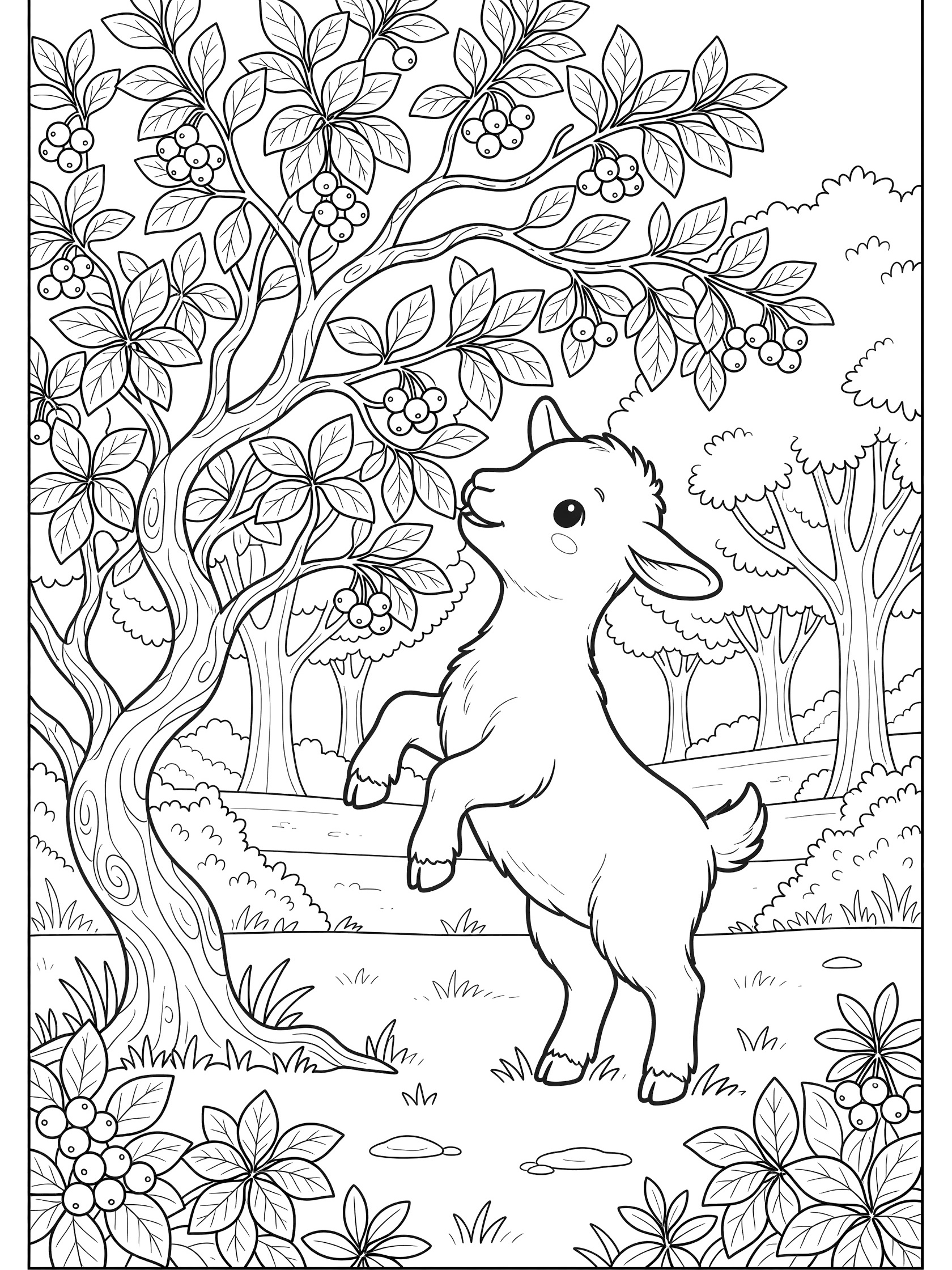Black and white line art coloring page showing a kawaii goat reaching up to eat leaves from a bush with berries and twisting branches in a farm setting.