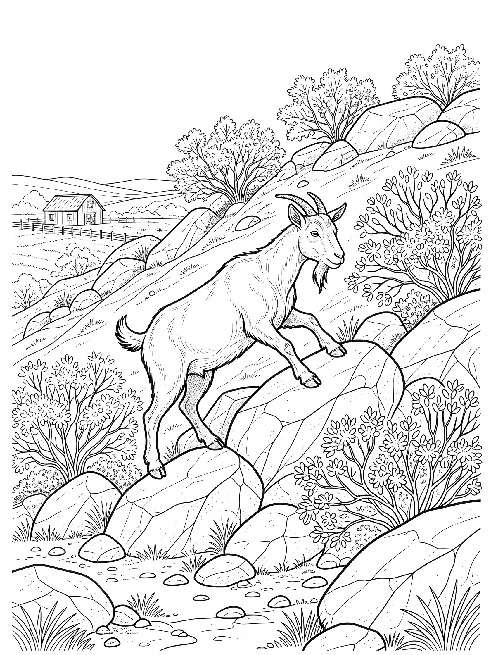 Black and white line art coloring page showing a goat leaping across large rocks on a hilly farm landscape with bushes, boulders, and a distant barn. Goats themed black and white printable line art