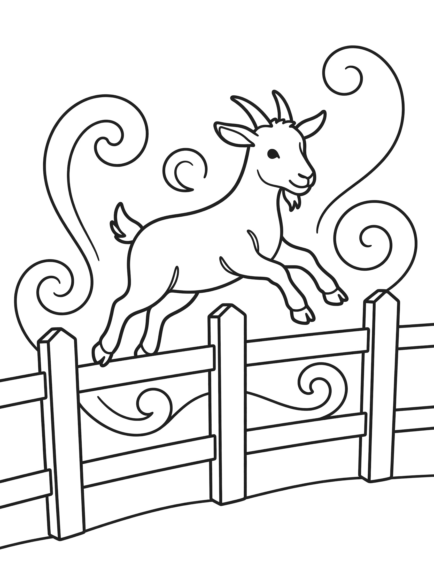 Black and white line art coloring page showing a playful goat leaping over a wooden fence with curly swirls around it. Goats themed black and white printable line art