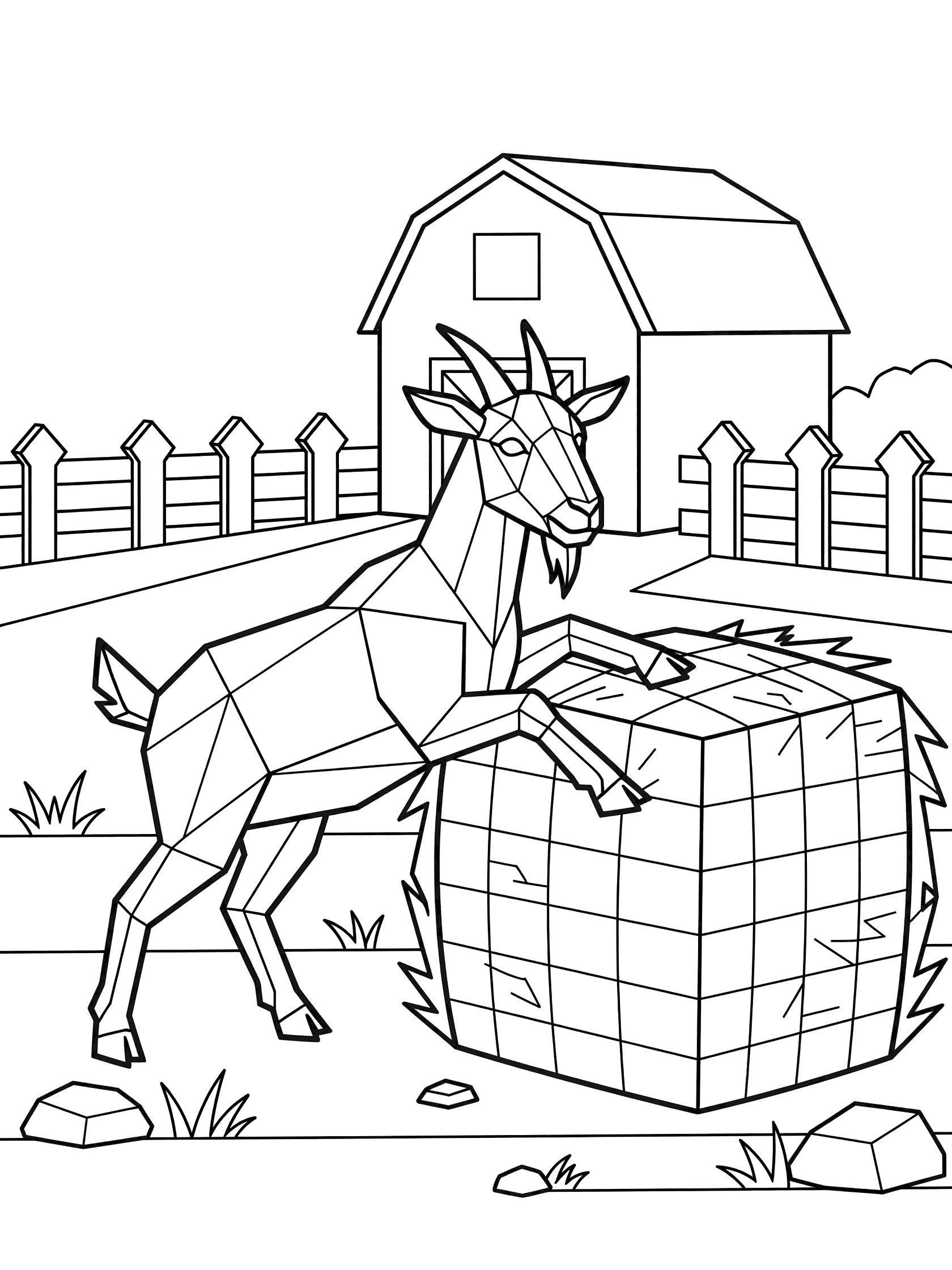 Black and white line art coloring page showing a geometric goat standing on hind legs pushing a rectangular hay bale in a barnyard with barn, fence, and grass. Goats themed black and white printable line art