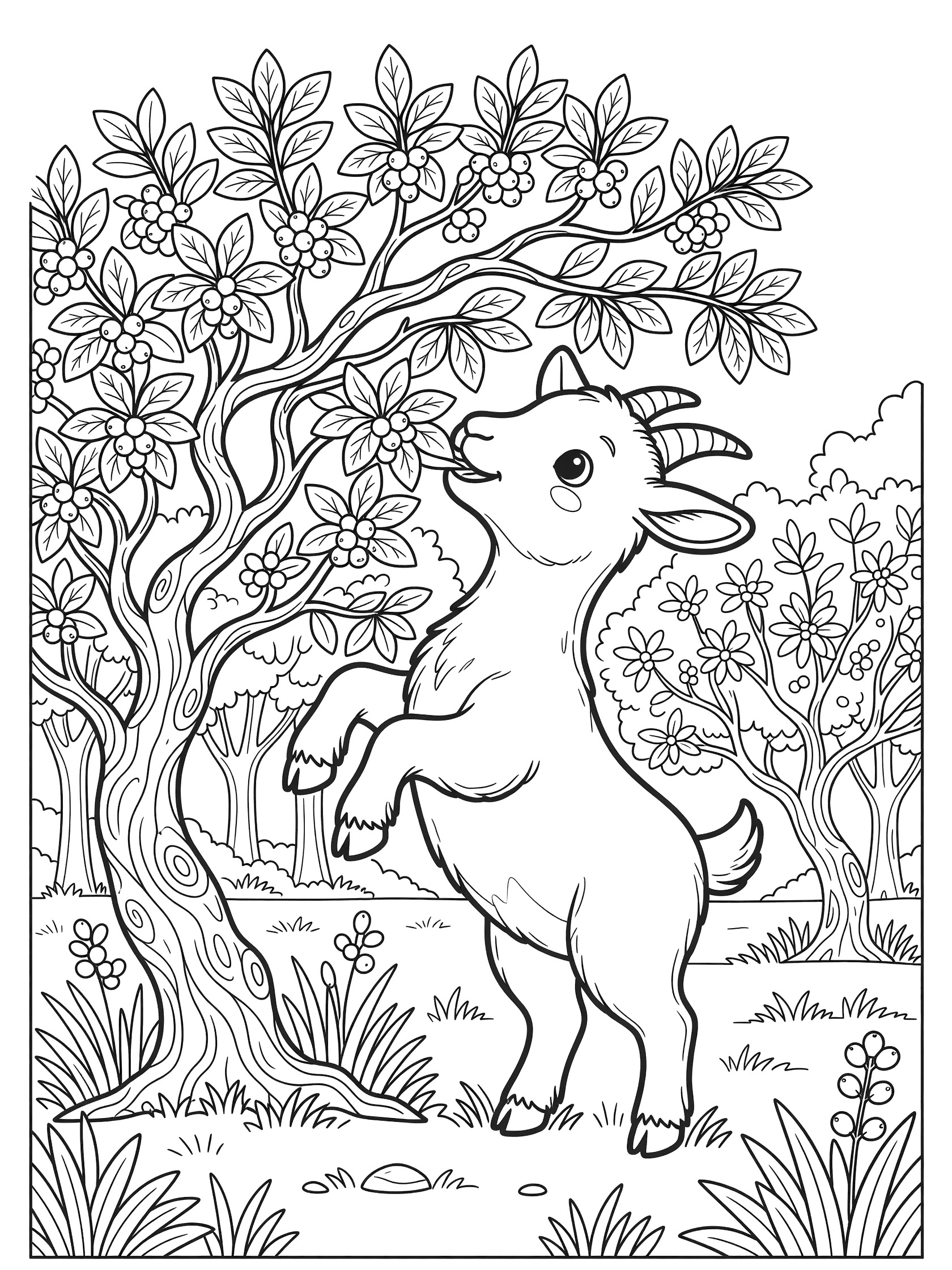 Black and white line art coloring page showing a kawaii goat balancing on back legs to nibble leaves and berries from a tree in a grove with grass and bushes. Goats themed black and white printable line art