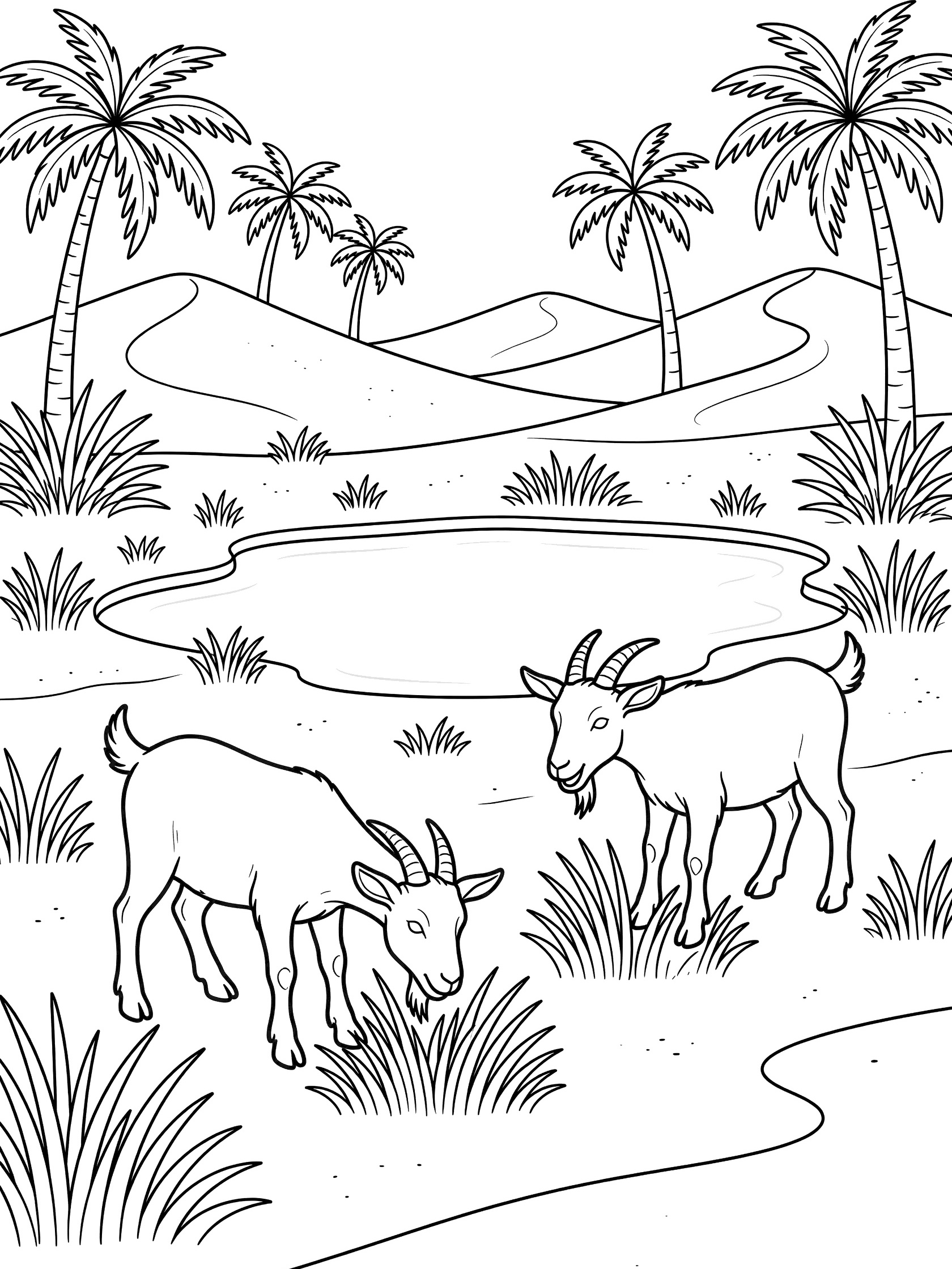 Line art coloring page showing goats with horns eating lush grass near an oasis pond, surrounded by palm fronds and desert dunes.