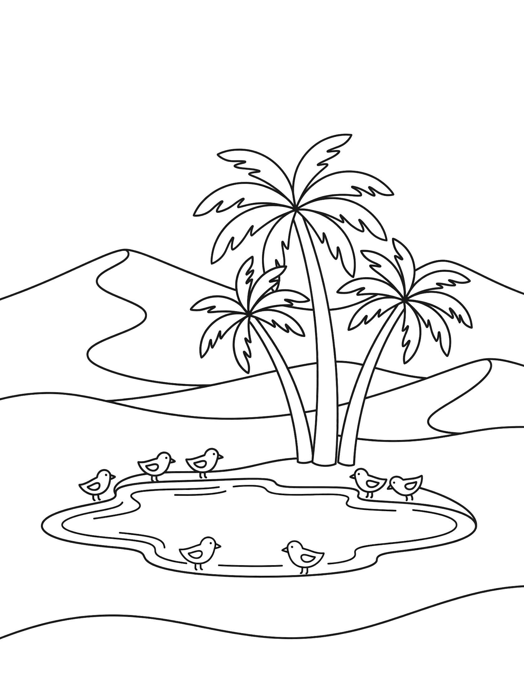 Black-and-white coloring page of a Gobi Desert oasis with curved palm trees, sandy dunes, a pool of water, and small birds drinking around the edge.