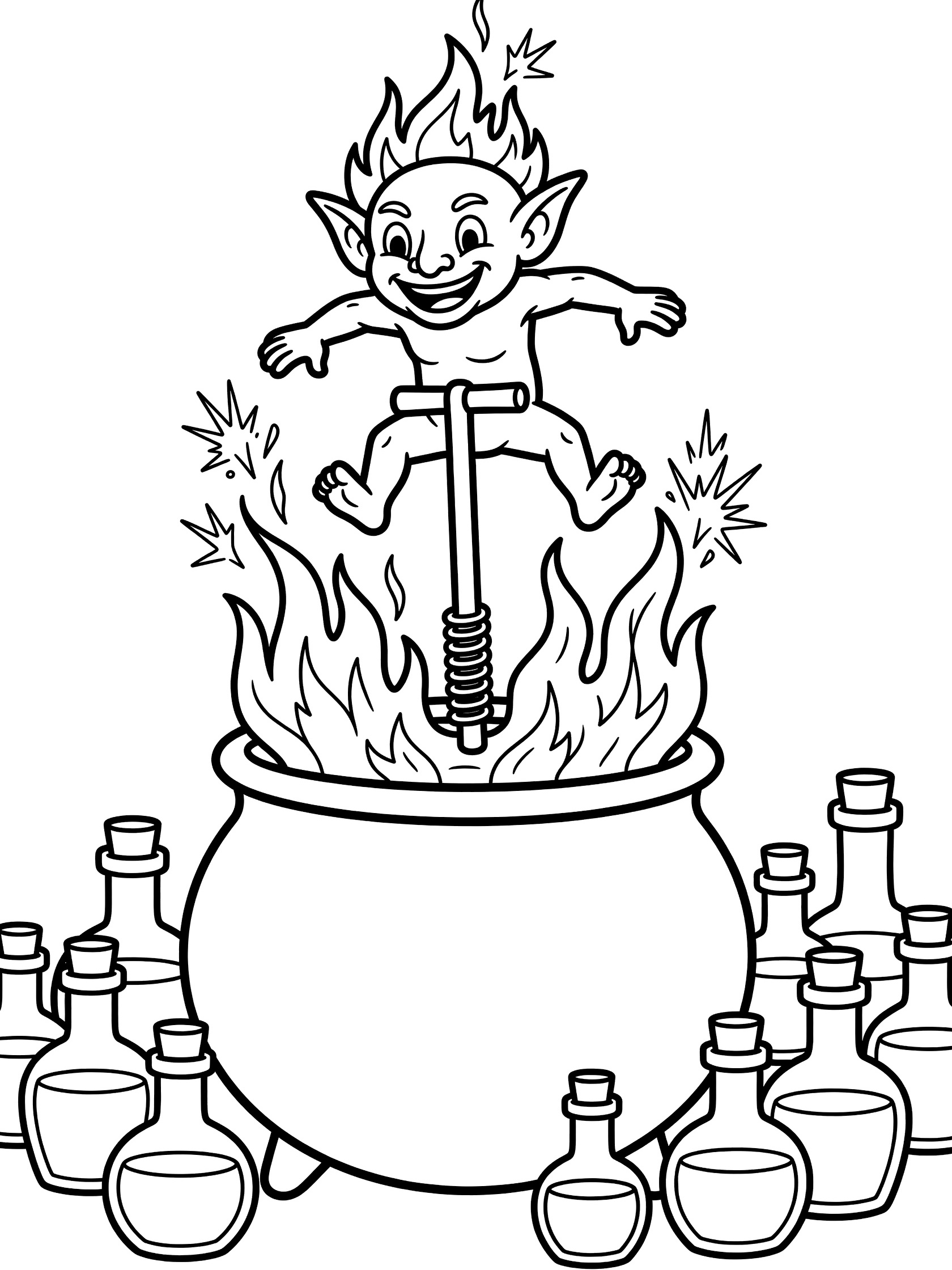 Black and white line art coloring page showing a happy goblin leaping on a pogo stick over a fiery cauldron surrounded by potion bottles
