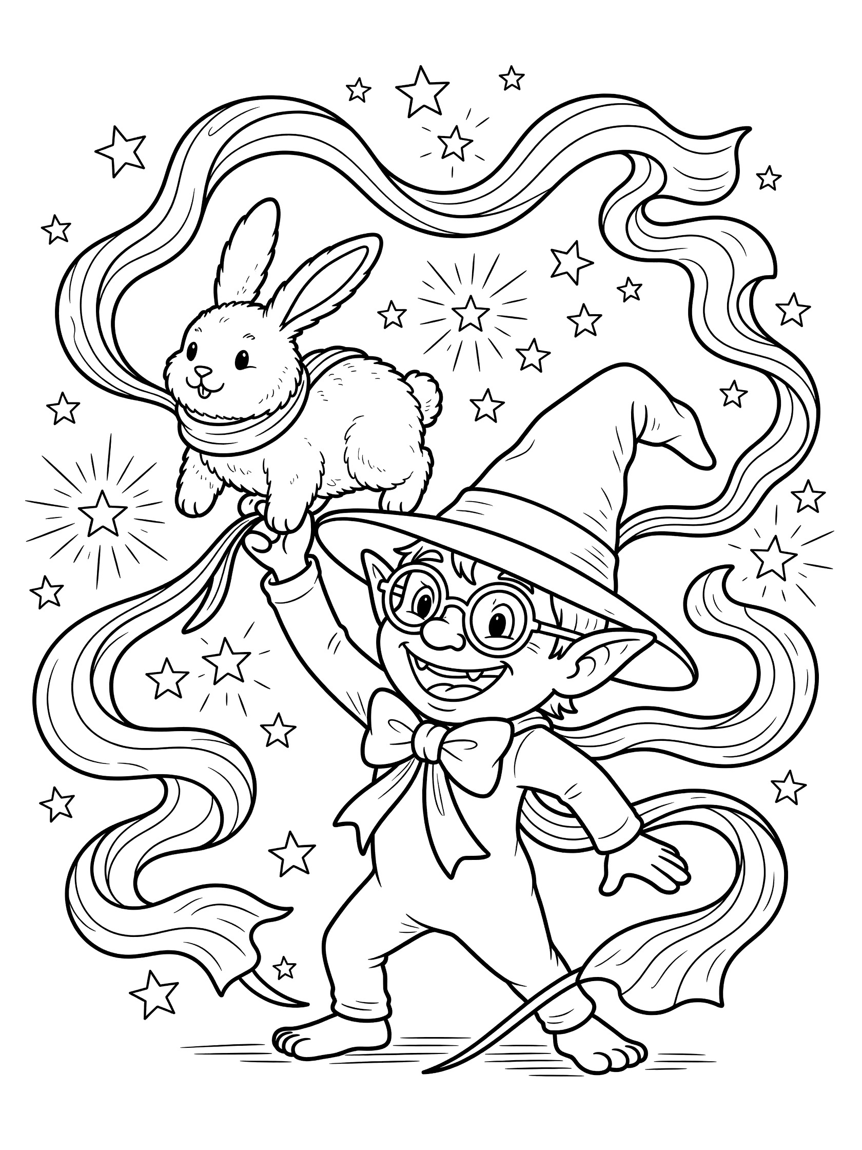 Printable coloring page showing a playful goblin holding a bunny pulled from a wizard hat, with colorful scarves, stars, oversized glasses, and bowtie in clean line art.