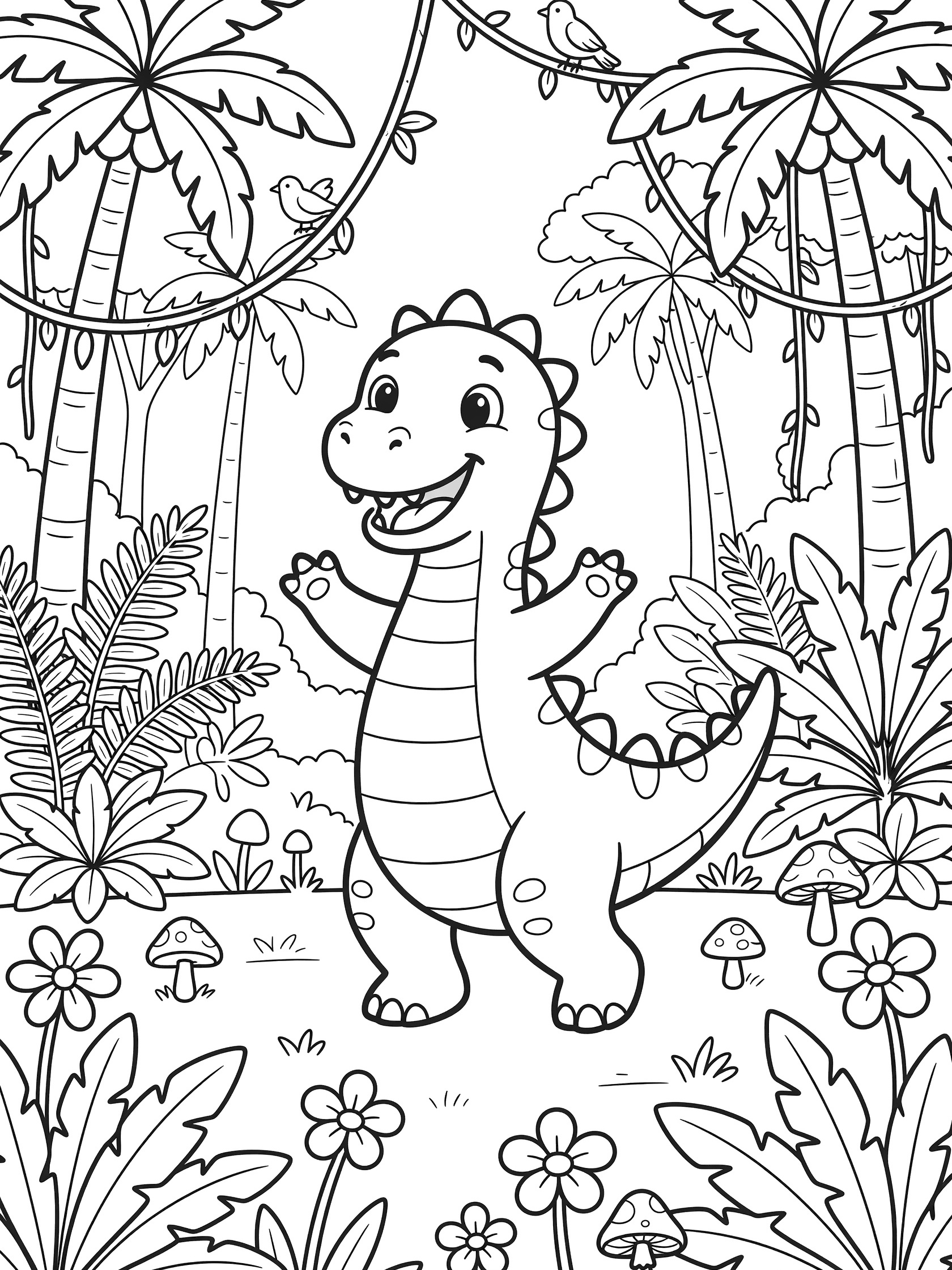 Black and white coloring page of cute Godzilla dinosaur dancing in jungle with palm trees, vines, ferns, mushrooms, flowers, and birds
