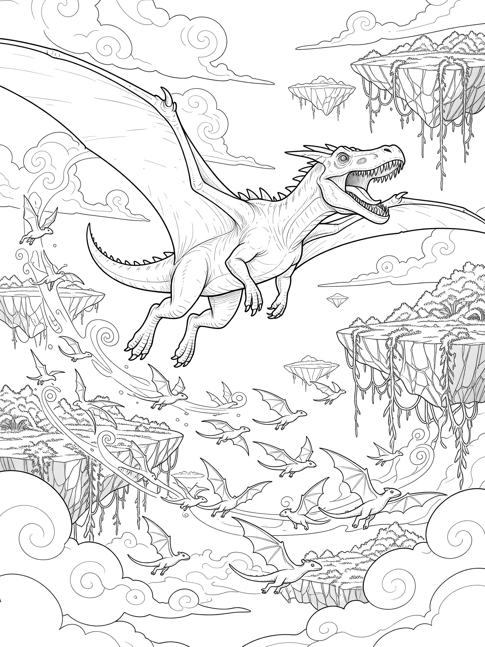 Black and white line art coloring page of Godzilla-like dinosaur with spines, wings, and open mouth gliding in a sky full of clouds, floating rocks, vines, and flocks of small winged reptiles.