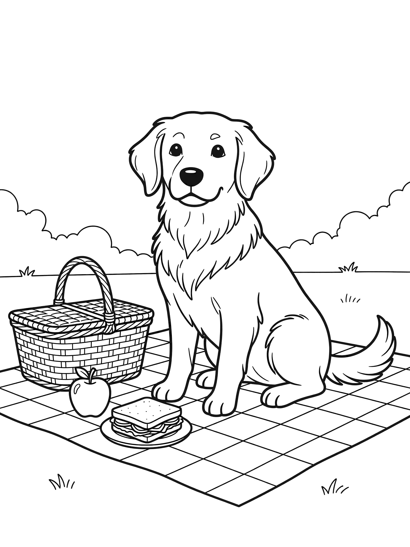 Black and white line art coloring page showing a Golden Retriever dog sitting on a picnic blanket next to a picnic basket, red apple and sandwich