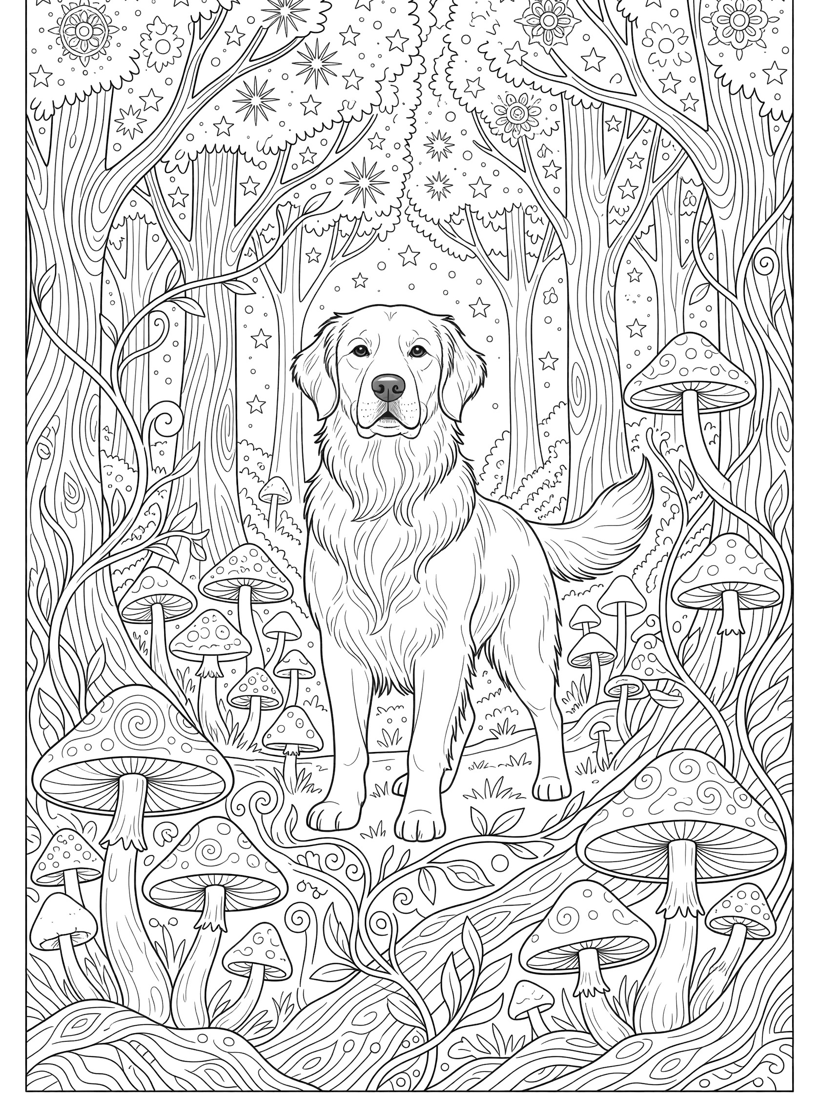 Black and white line art coloring page showing a golden retriever dog in a detailed whimsical forest with mushrooms, twisting vines, tall trees, starry swirls, and ground cover.