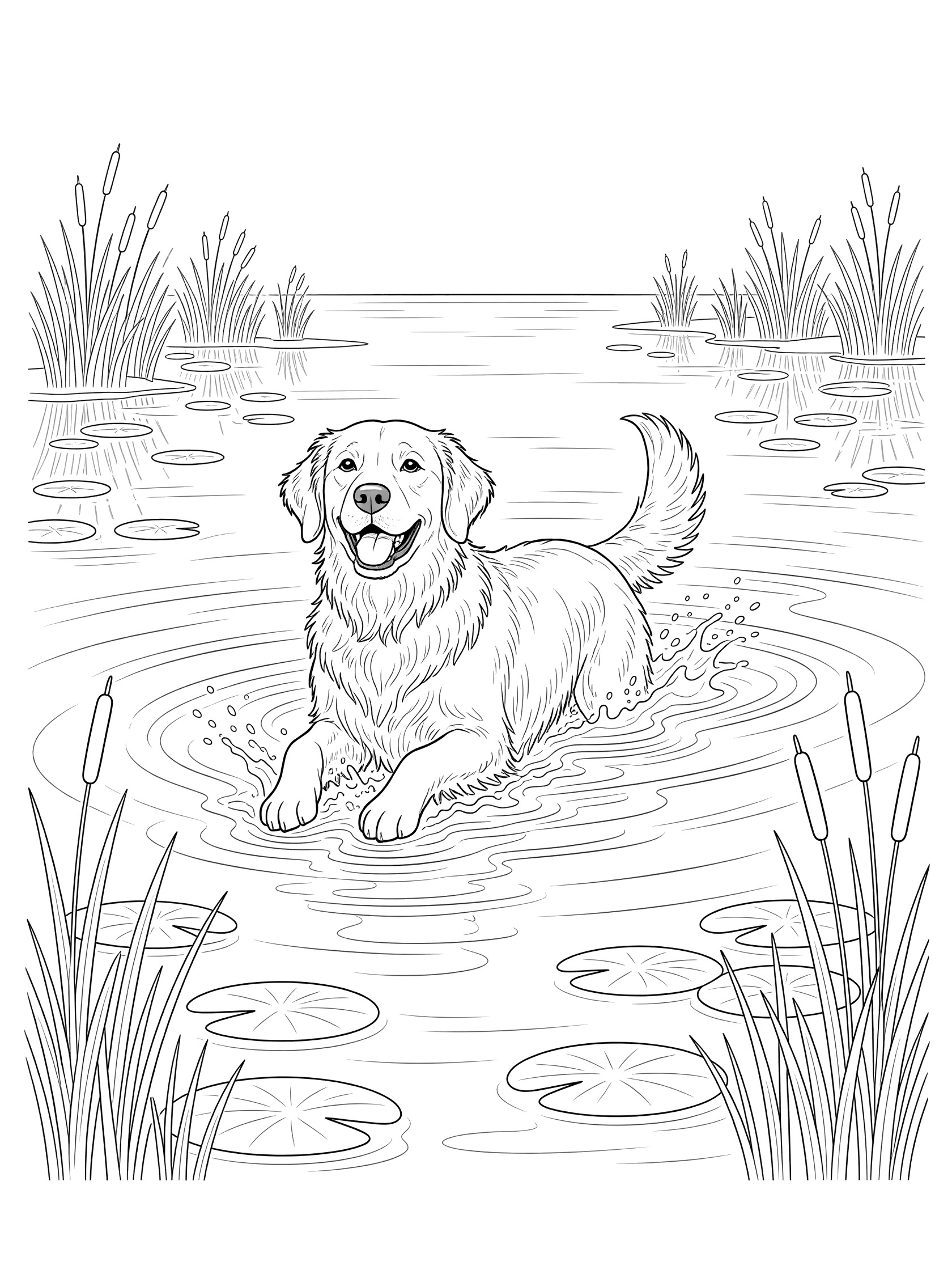 Black and white line art coloring page showing a Golden Retriever dog playing in water surrounded by reeds and lily pads