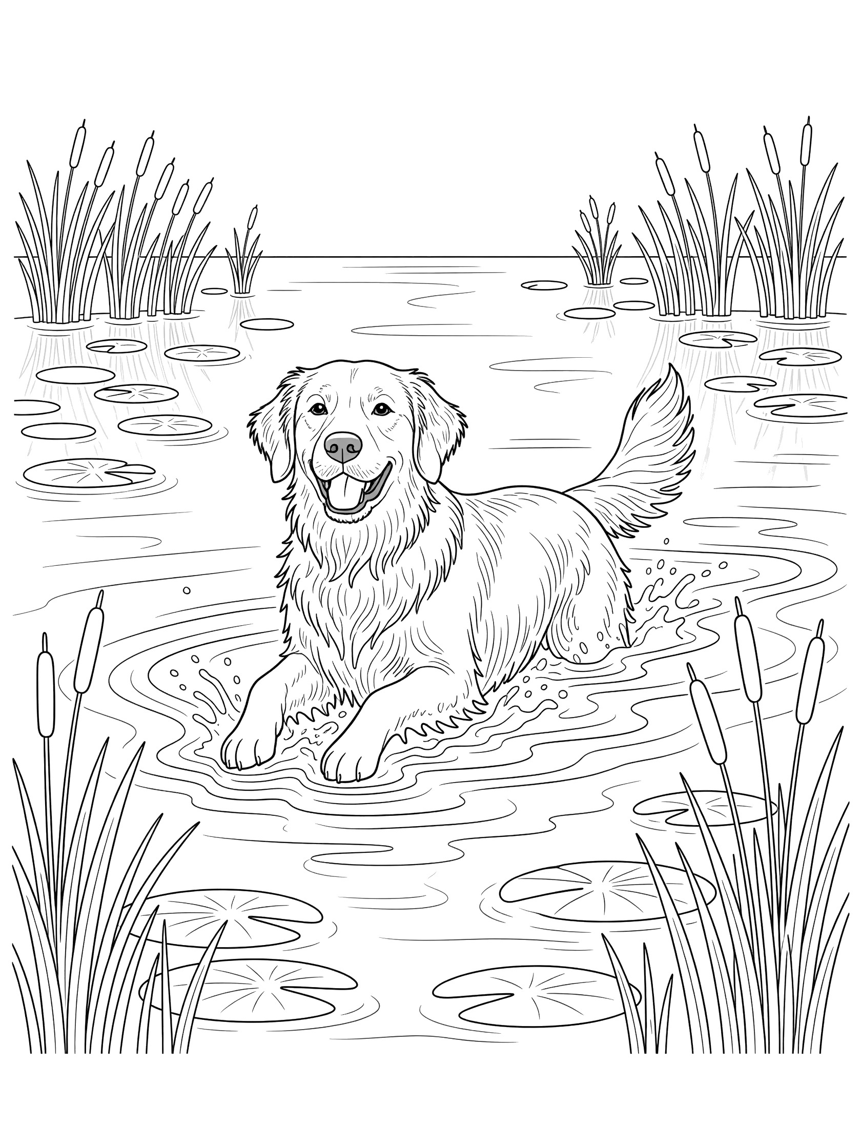 Black and white line art coloring page showing a golden retriever dog swimming and splashing in a pond surrounded by tall reeds and lily pads