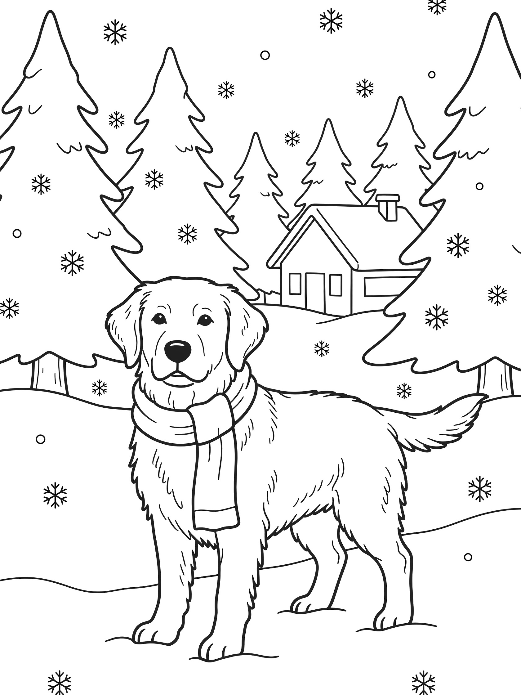 Black and white line drawing of a fluffy golden retriever dog standing in snow, wearing a scarf, surrounded by pine trees, snowflakes, and a cabin in the background. Labrador Retriever themed black and white printable line art