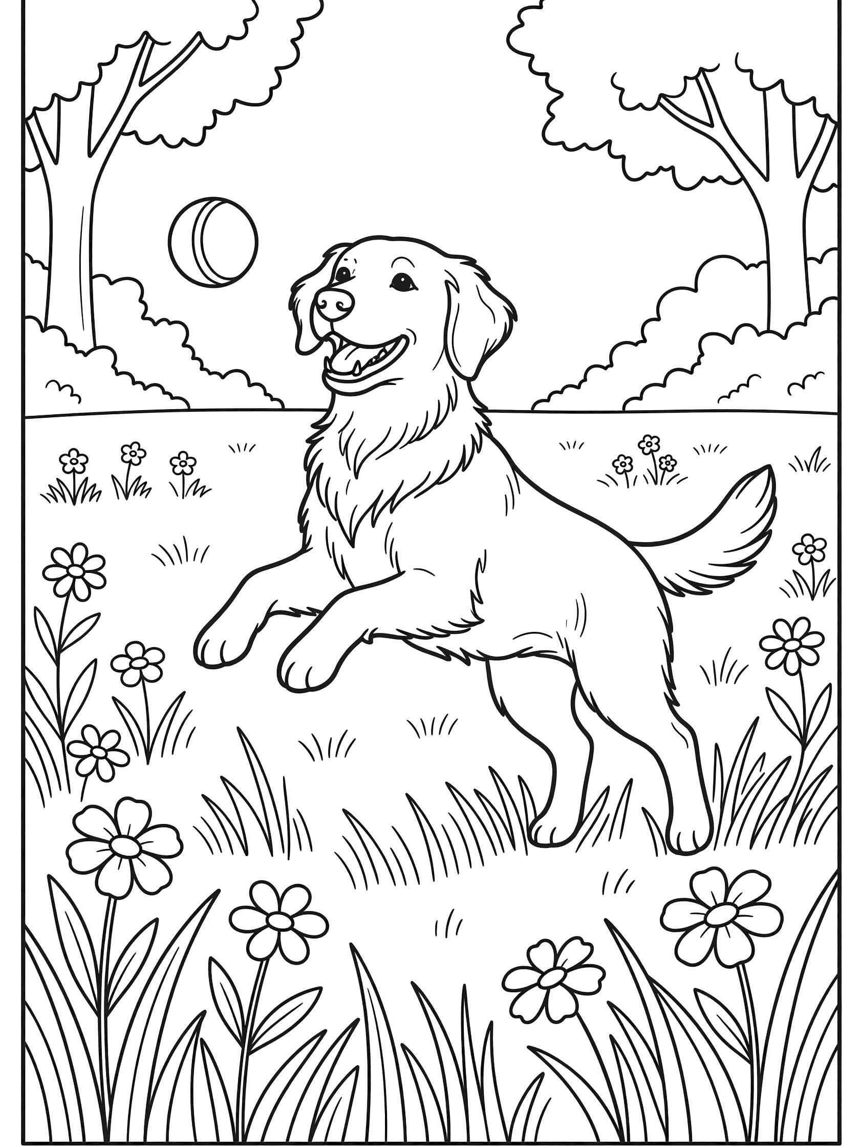 Black and white line art coloring page showing a Golden Retriever dog jumping high to catch a tennis ball amid tall grass, wildflowers and trees in a sunny park.