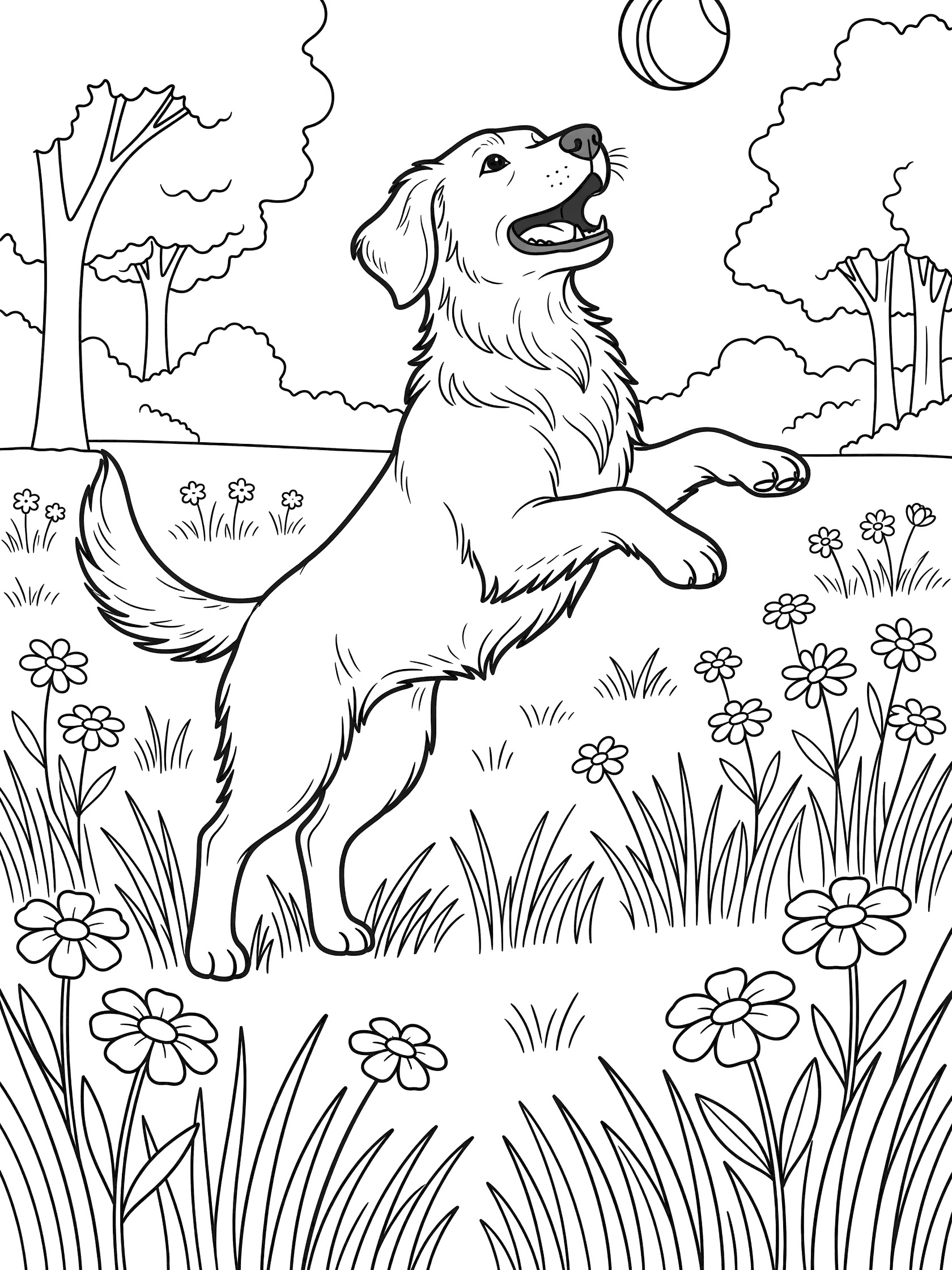 Black and white line art coloring page showing a Golden Retriever dog jumping high with front paws raised to catch a round ball, surrounded by tall grass blades and scattered flowers in a park-like setting with trees in the background.