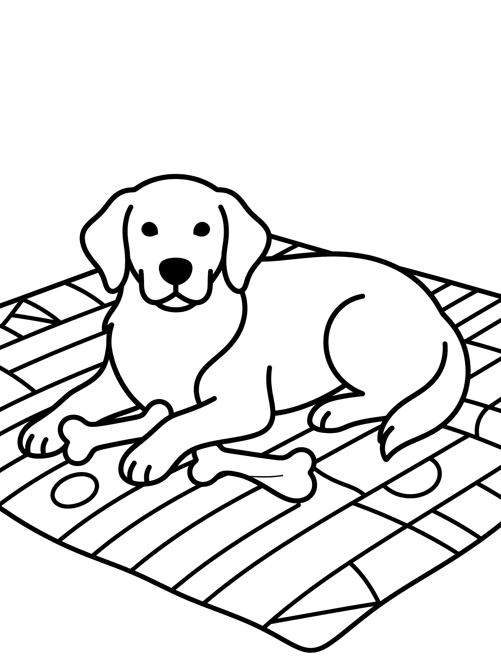 Black and white line drawing of a Golden Retriever dog lying down with paws tucked on a geometric blanket beside a bone, printable coloring page. Labrador Retriever themed black and white printable line art