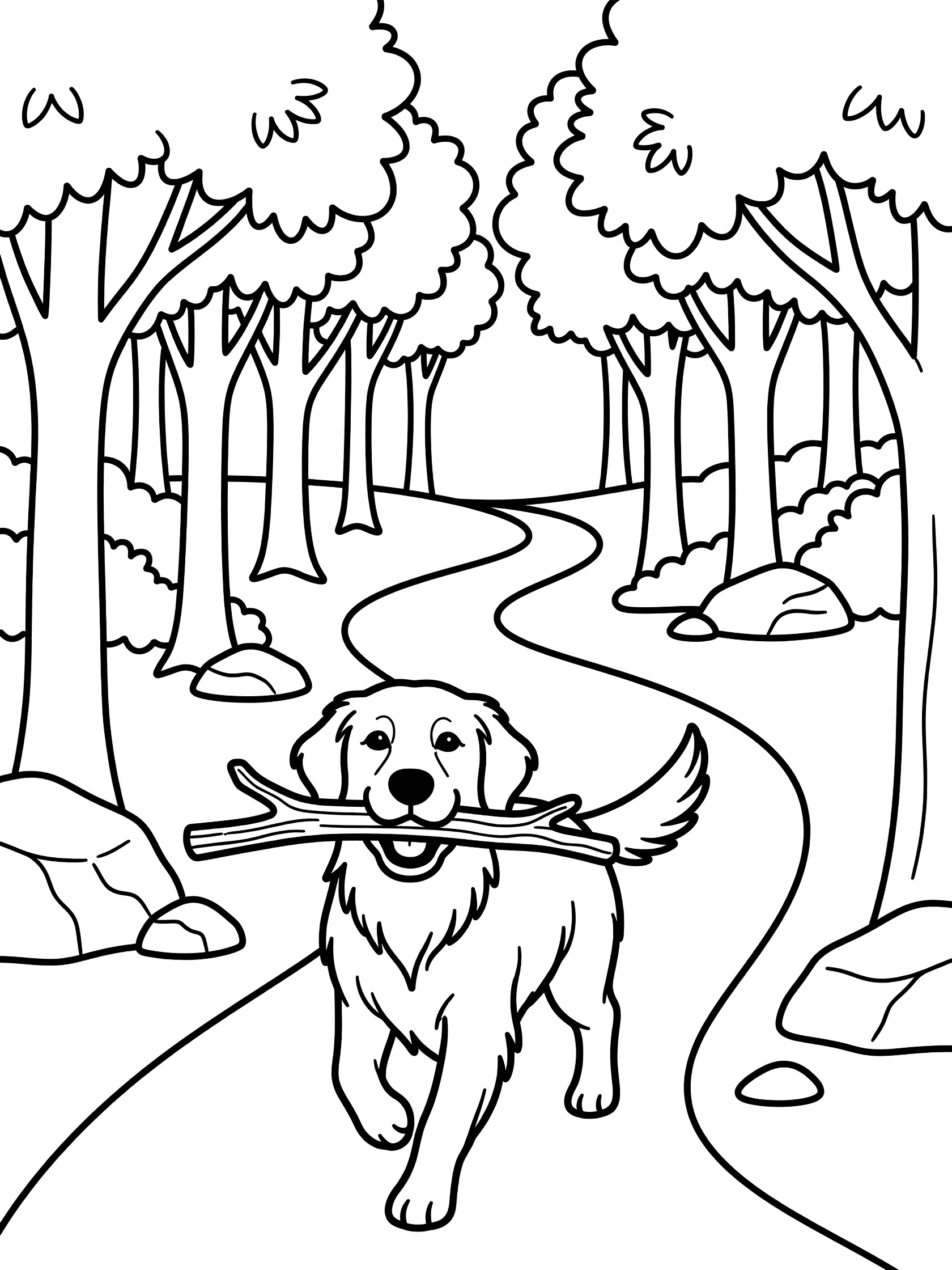 Black and white line art coloring page showing a golden retriever puppy trotting on a forest path with a stick in its mouth, surrounded by trees and rocks