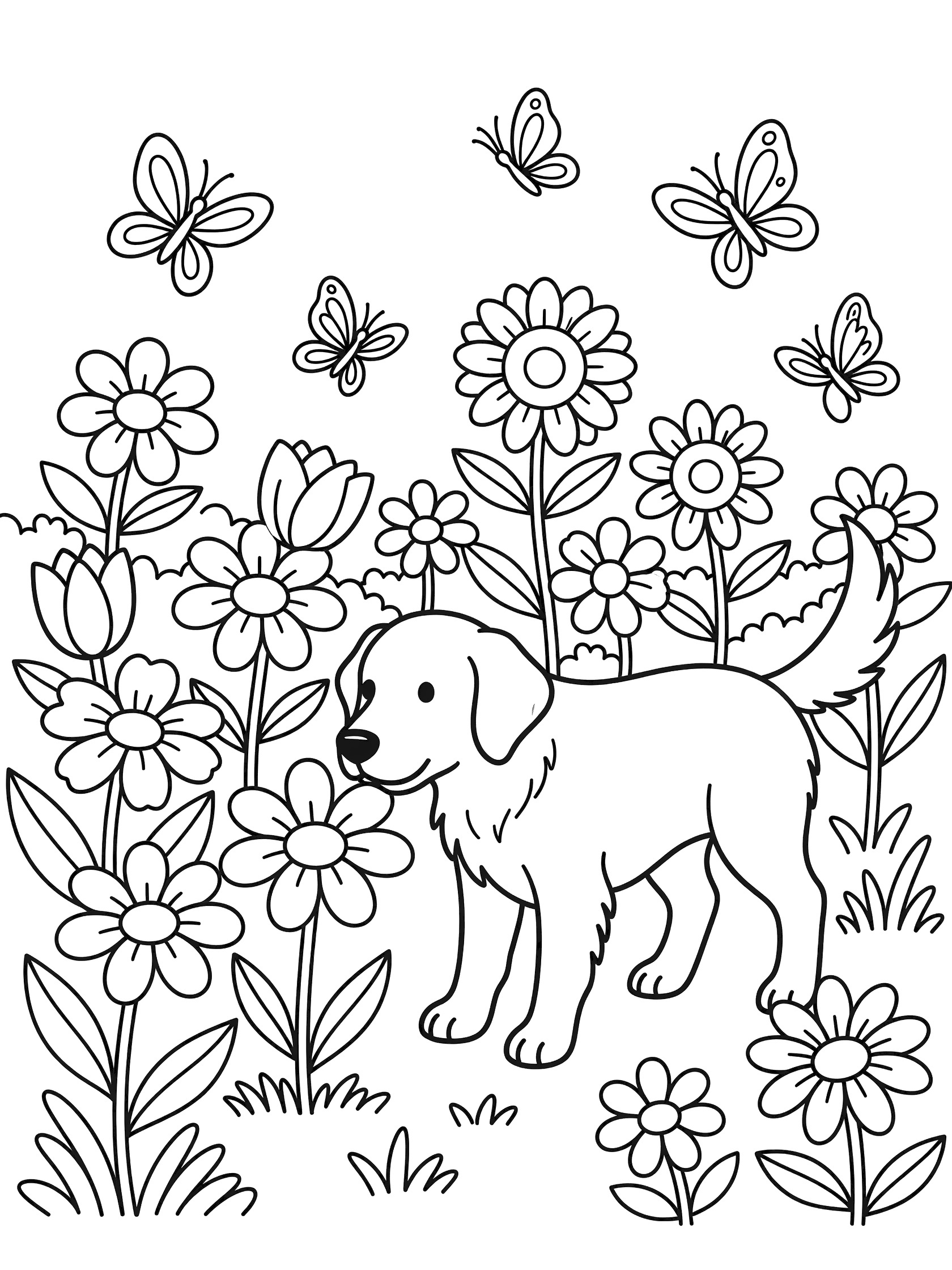 Black and white line art coloring page showing a curious Golden Retriever puppy sniffing a cluster of blooming flowers surrounded by butterflies in a garden.