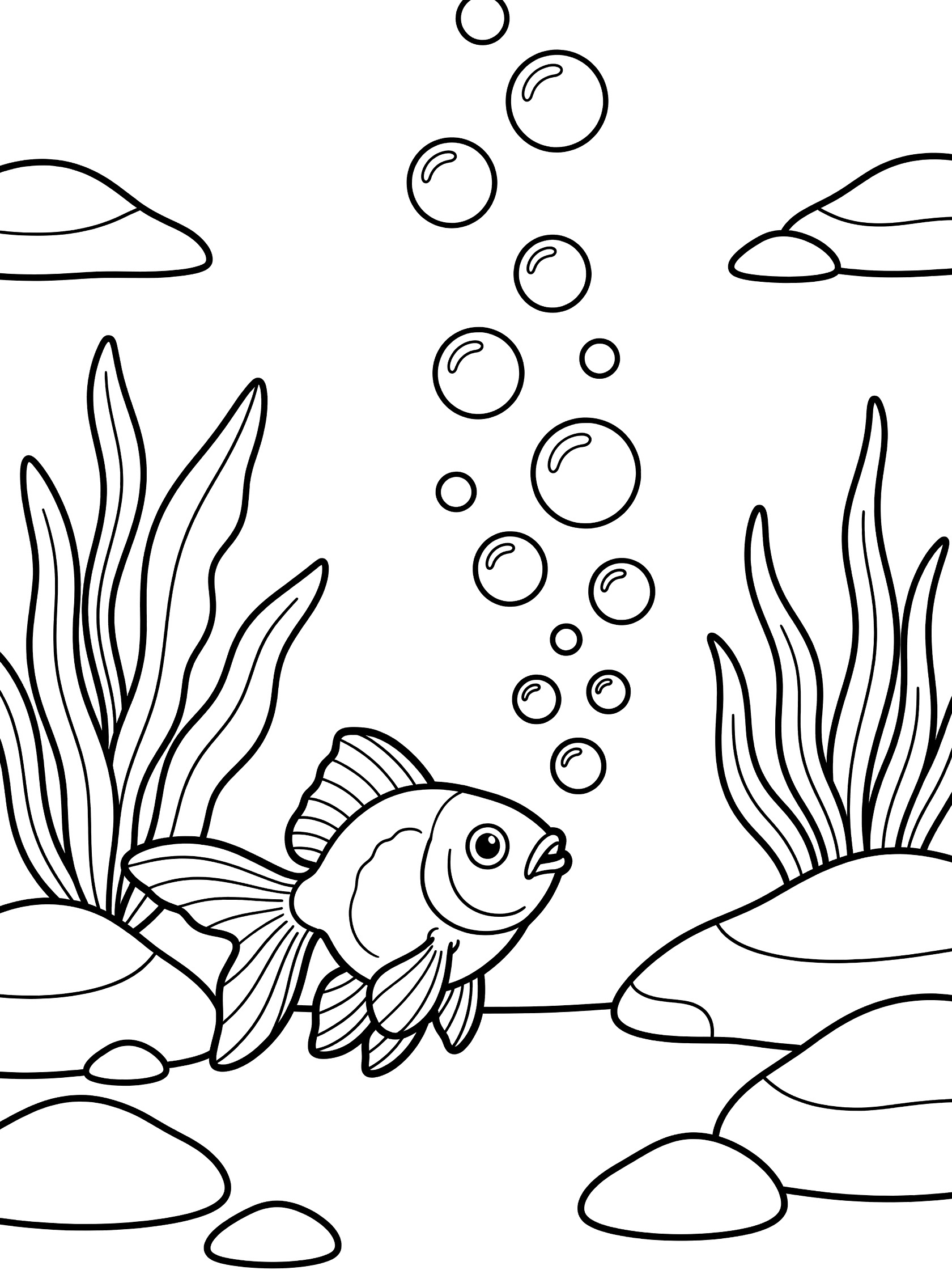 Black and white line art coloring page showing a goldfish puckering its mouth to blow bubbles, surrounded by aquarium plants and rocks.