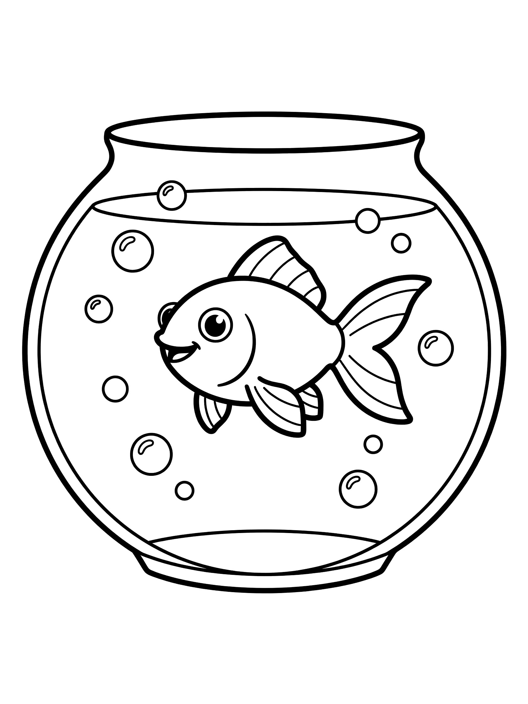 Black and white line art coloring page showing a happy goldfish with big eyes and fins inside a round fishbowl surrounded by floating bubbles.