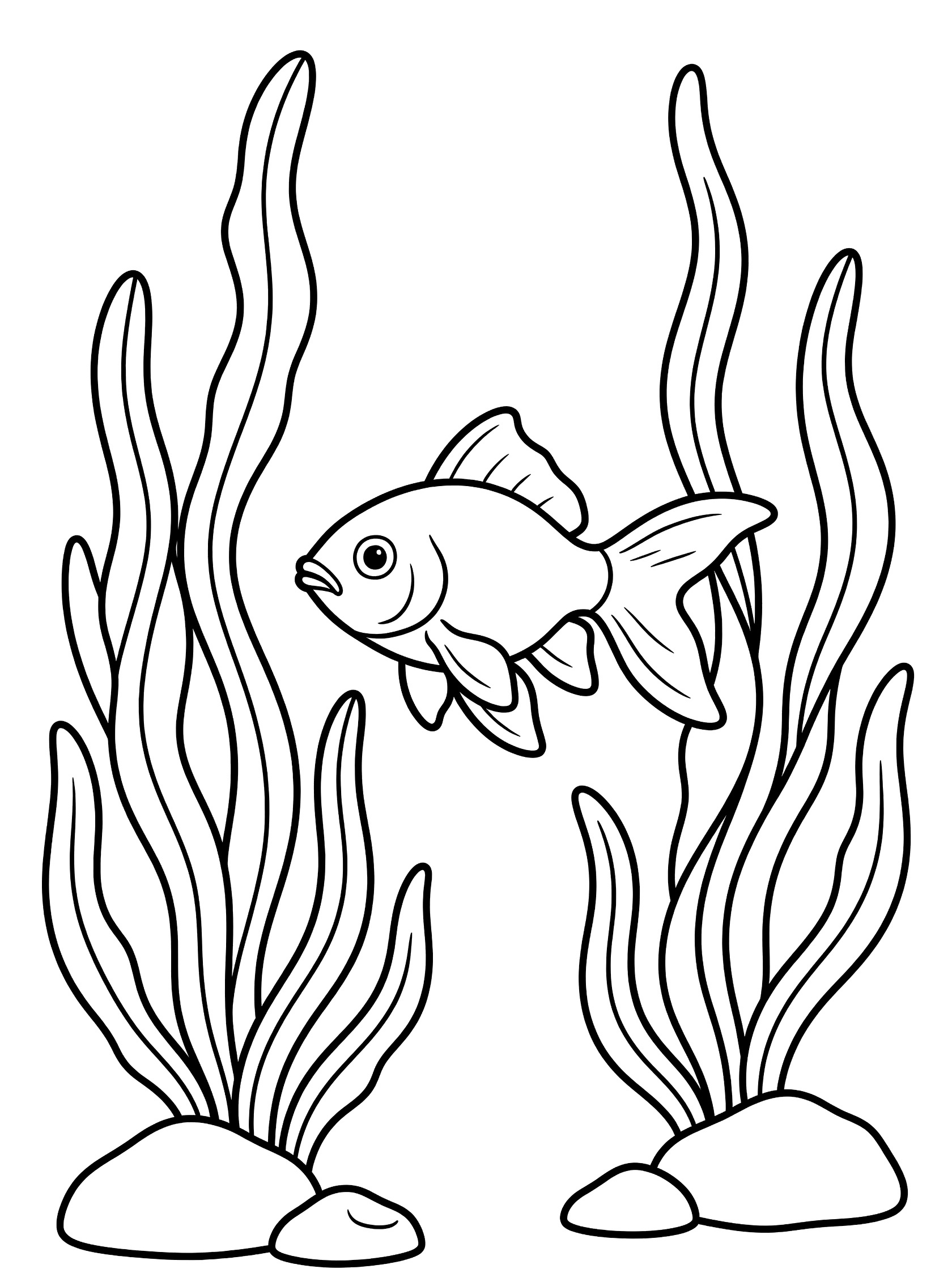Black and white line art coloring page showing a goldfish with flowing fins swimming playfully among tall swaying seaweed and small rocks on the ocean floor.