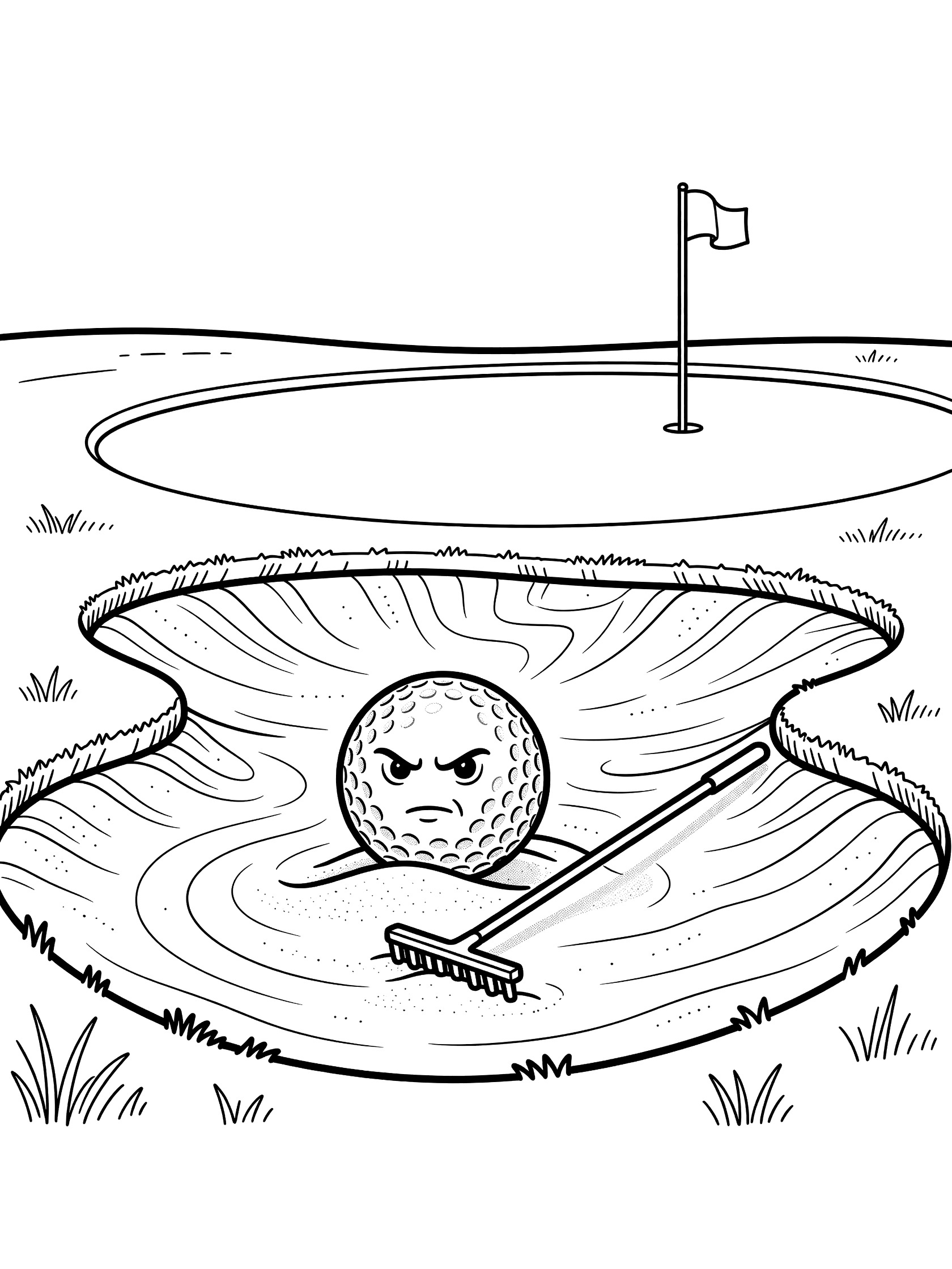 Black and white line art of a determined golf ball in a sand trap near the green, with rake and flag, ready to color