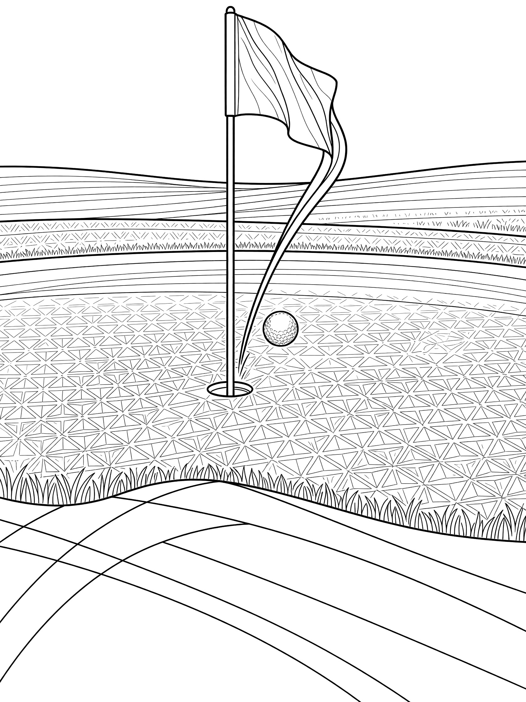 Black and white line art coloring page showing a golf ball flying into the flagstick, making the flag flutter on the edge of the putting green with grass patterns.