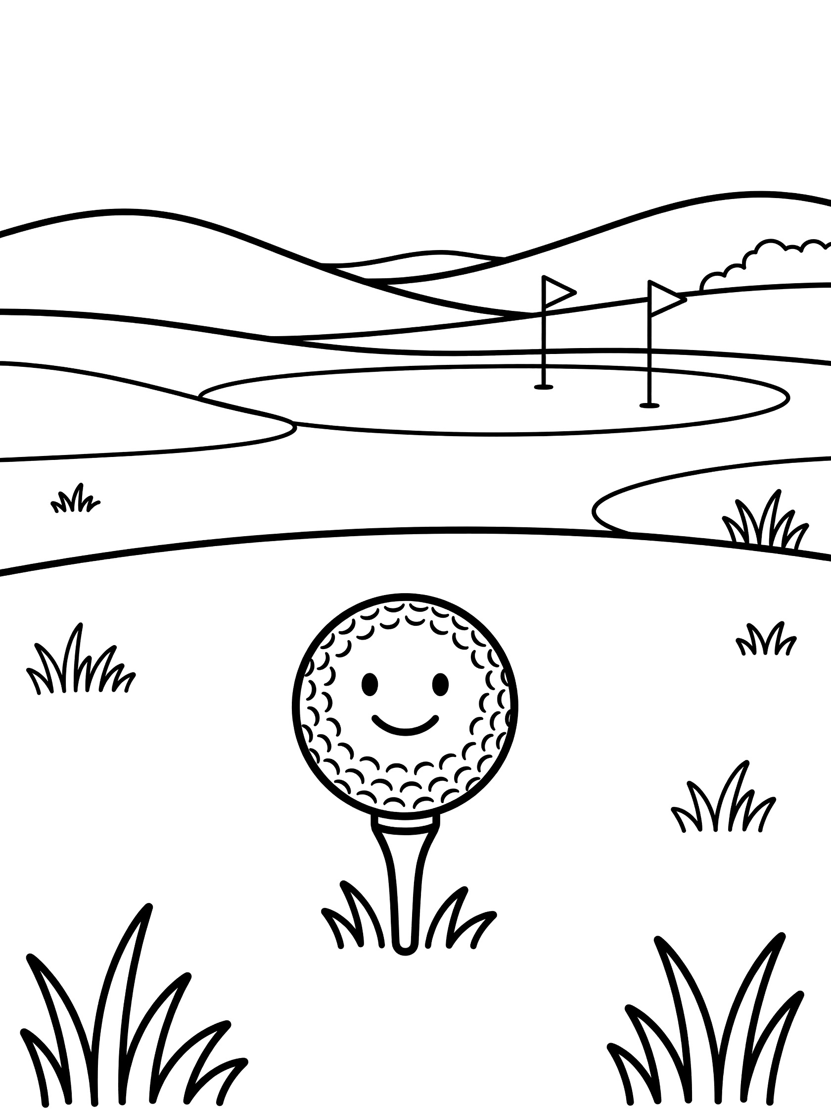 Cheerful smiling golf ball on tee surrounded by grass on golf fairway with rolling hills and flags, black and white coloring page