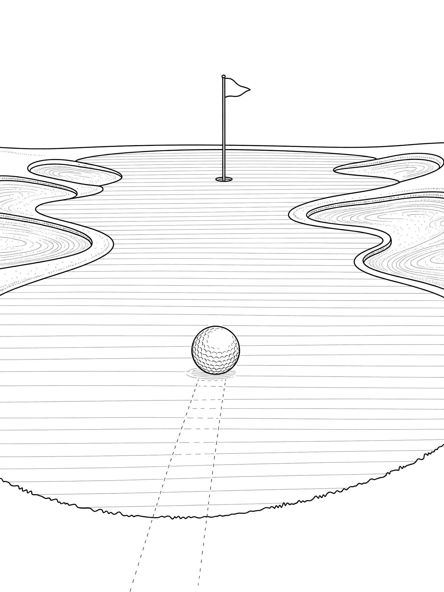 Black and white coloring page showing a golf ball rolling on the flat green towards the distant hole and flag, with sand bunkers on the edges