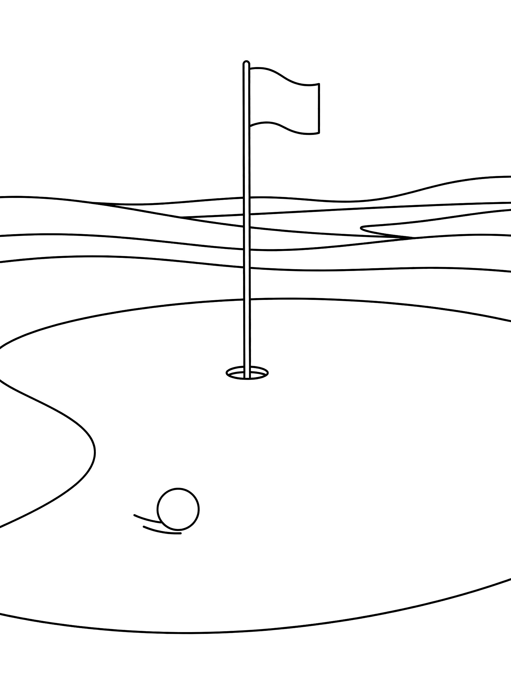 Line art coloring page showing a golf ball rolling on the putting green towards the tall flagstick with flag in the hole, rolling hills in the background