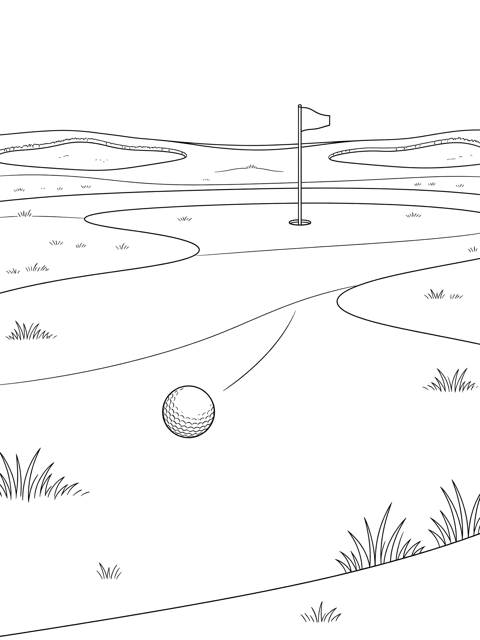 Line art coloring page showing a golf ball rolling on a putting green toward a hole with flag, surrounded by grass and distant bunkers