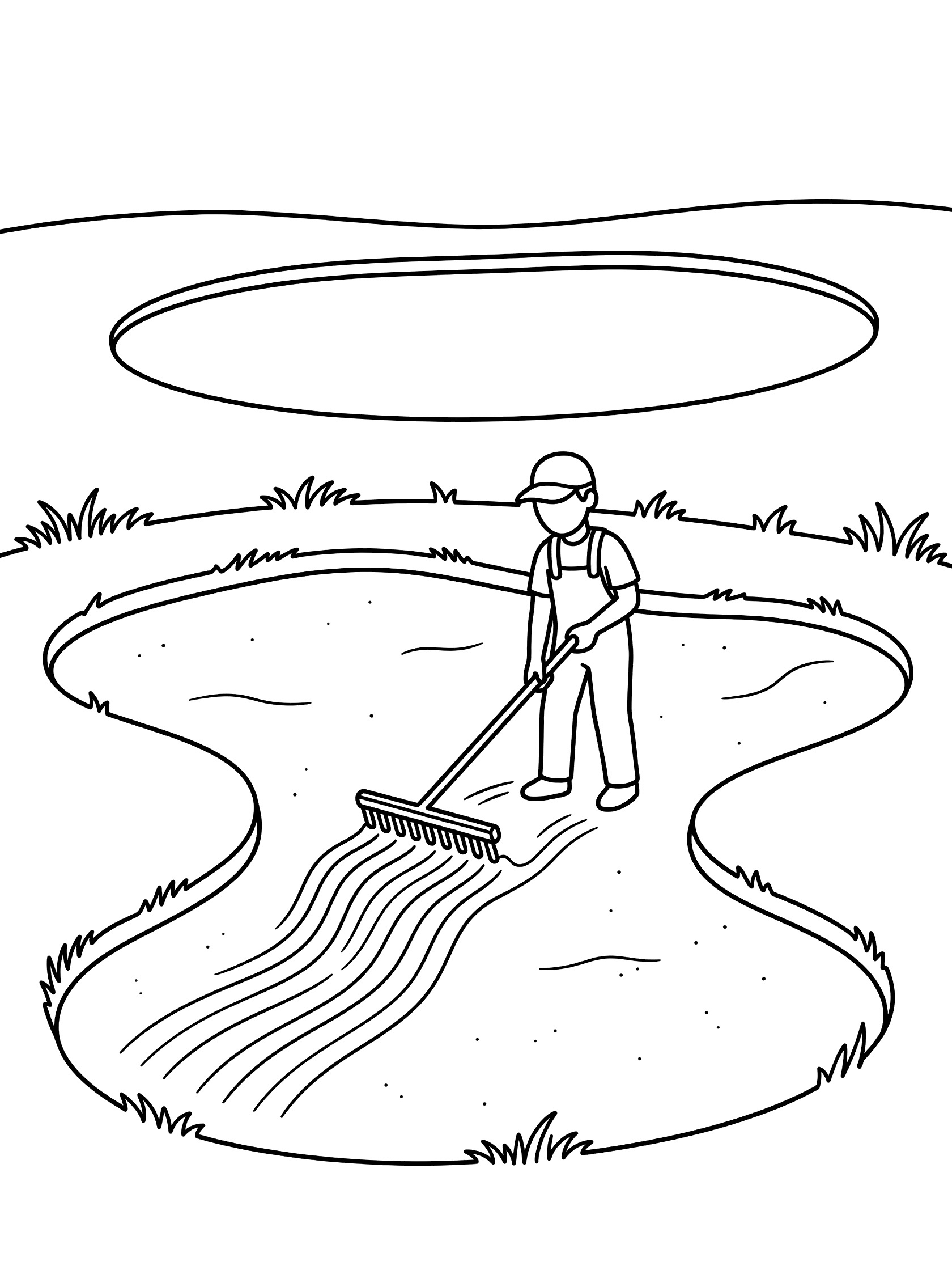 Line art coloring page showing a person in overalls and cap raking neat patterns in a golf bunker sand trap with grass borders.